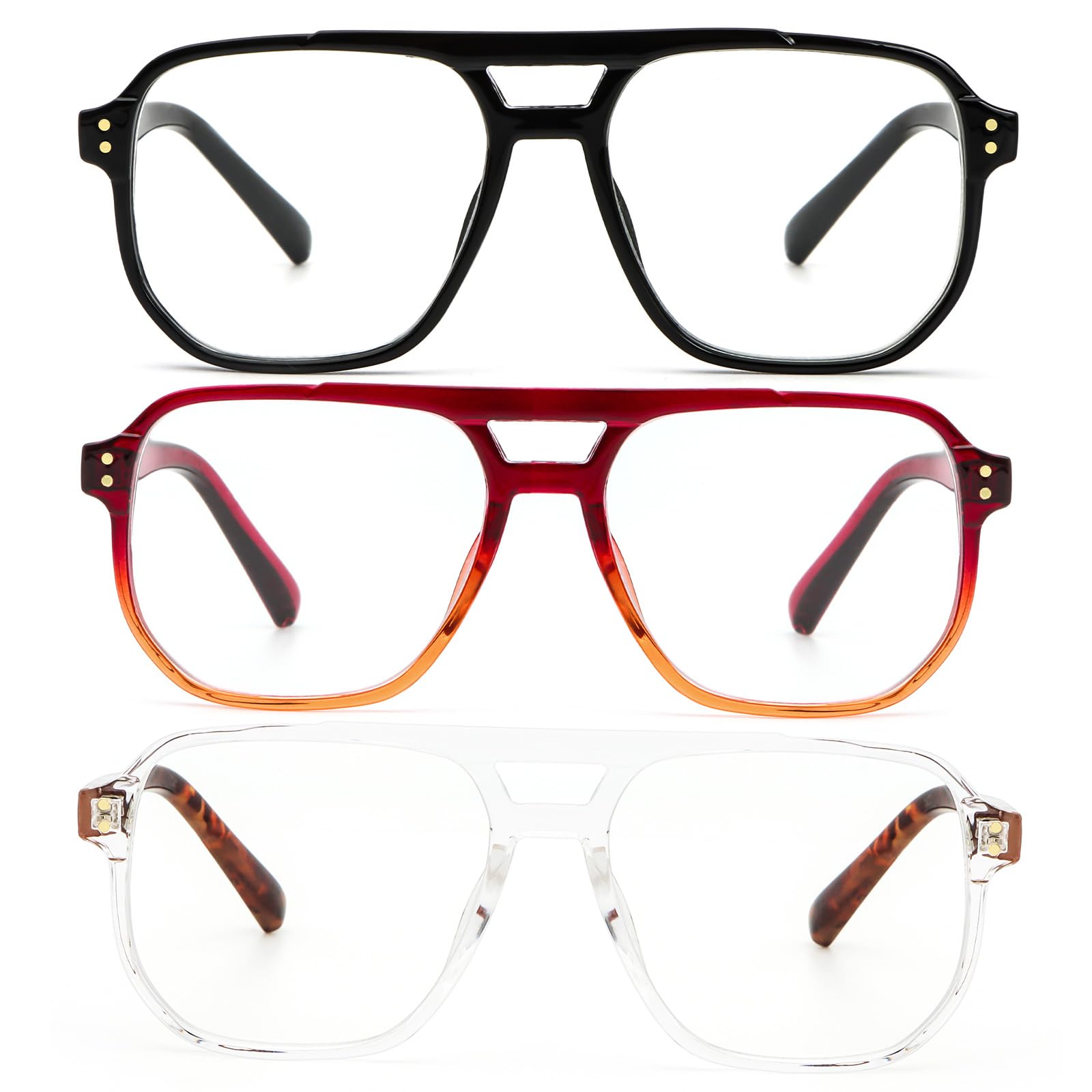 KoKoBin 3 Pack Übergröße Flieger Vintage Lesebrille Herren und Damen Quadratisch Federscharnier lesebrillen Anti Licht Blau Computer Leser