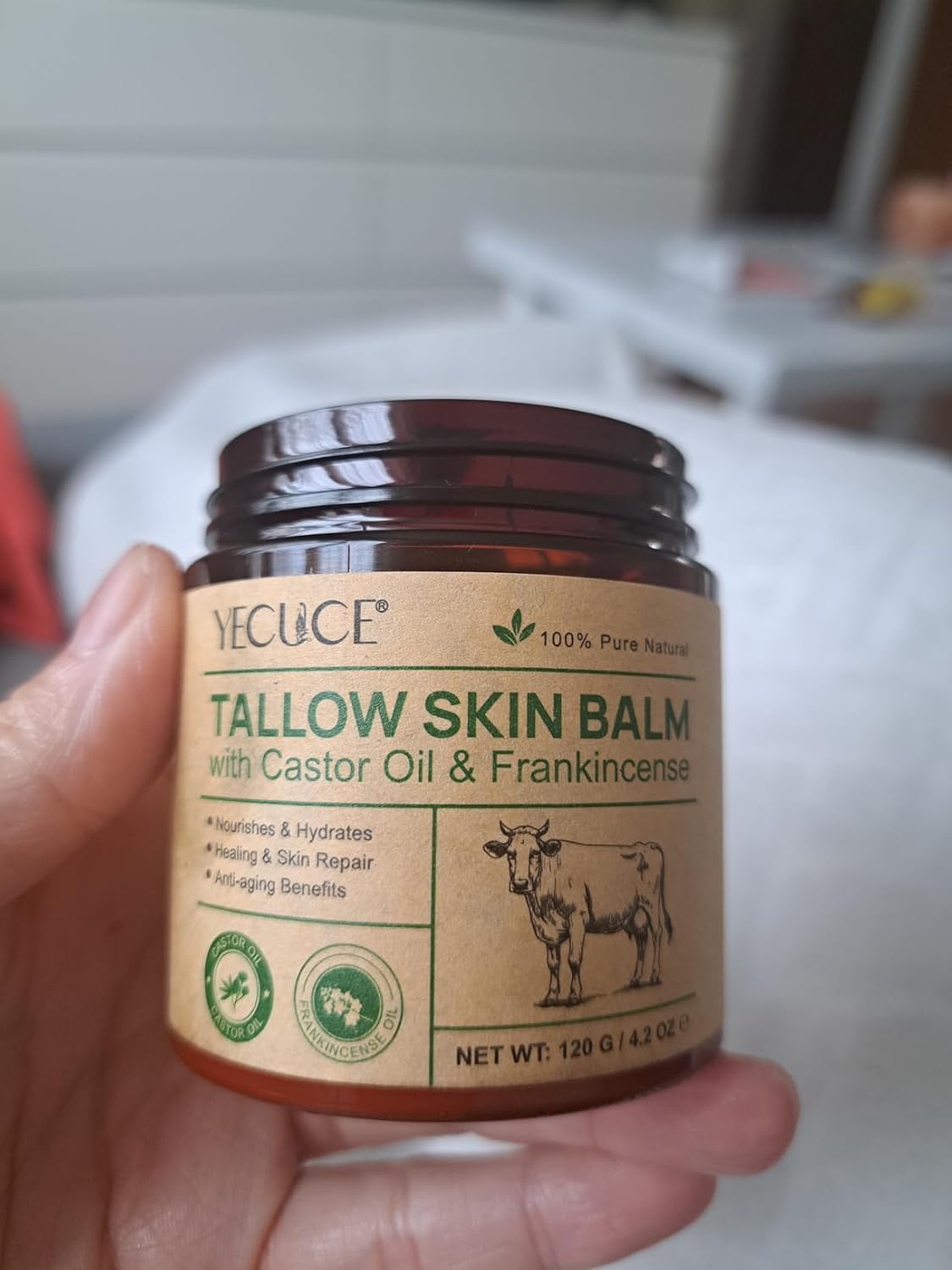 CFXYHNOX Beef Tallow for Skin & Face Cream with Castor Oil and Frankincense, Natural 100% Grass Fed, Whipped Beef Tallow Balm Deeply Moisturizing for Face & Body Care, 4.2 oz