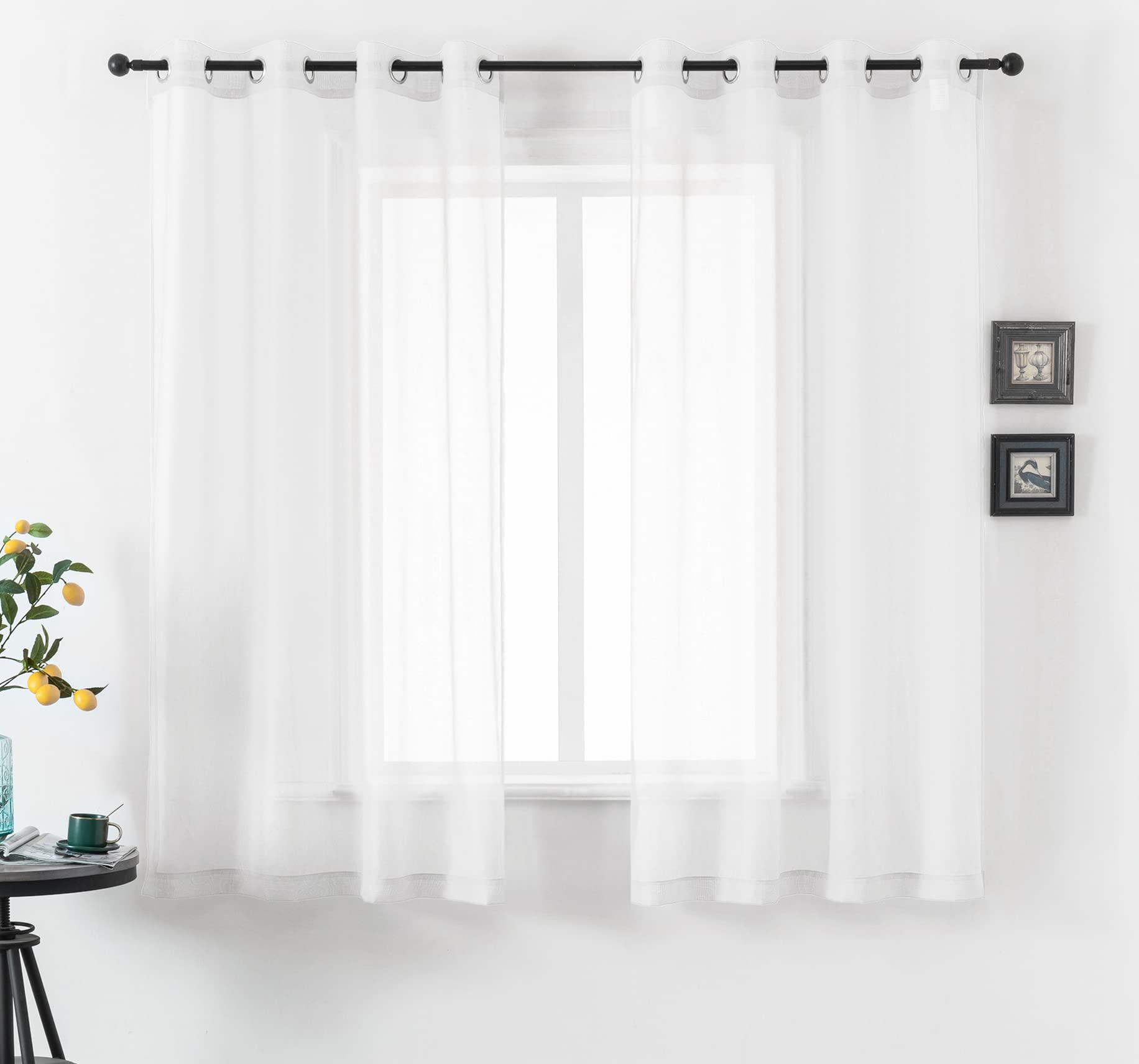 DUALIFE White Short Sheer Curtains 45 Inch Length for Small Windows with Grommet 2 Panels Solid Gauze Voile Drapes Window Semi Sheer Curtains for
