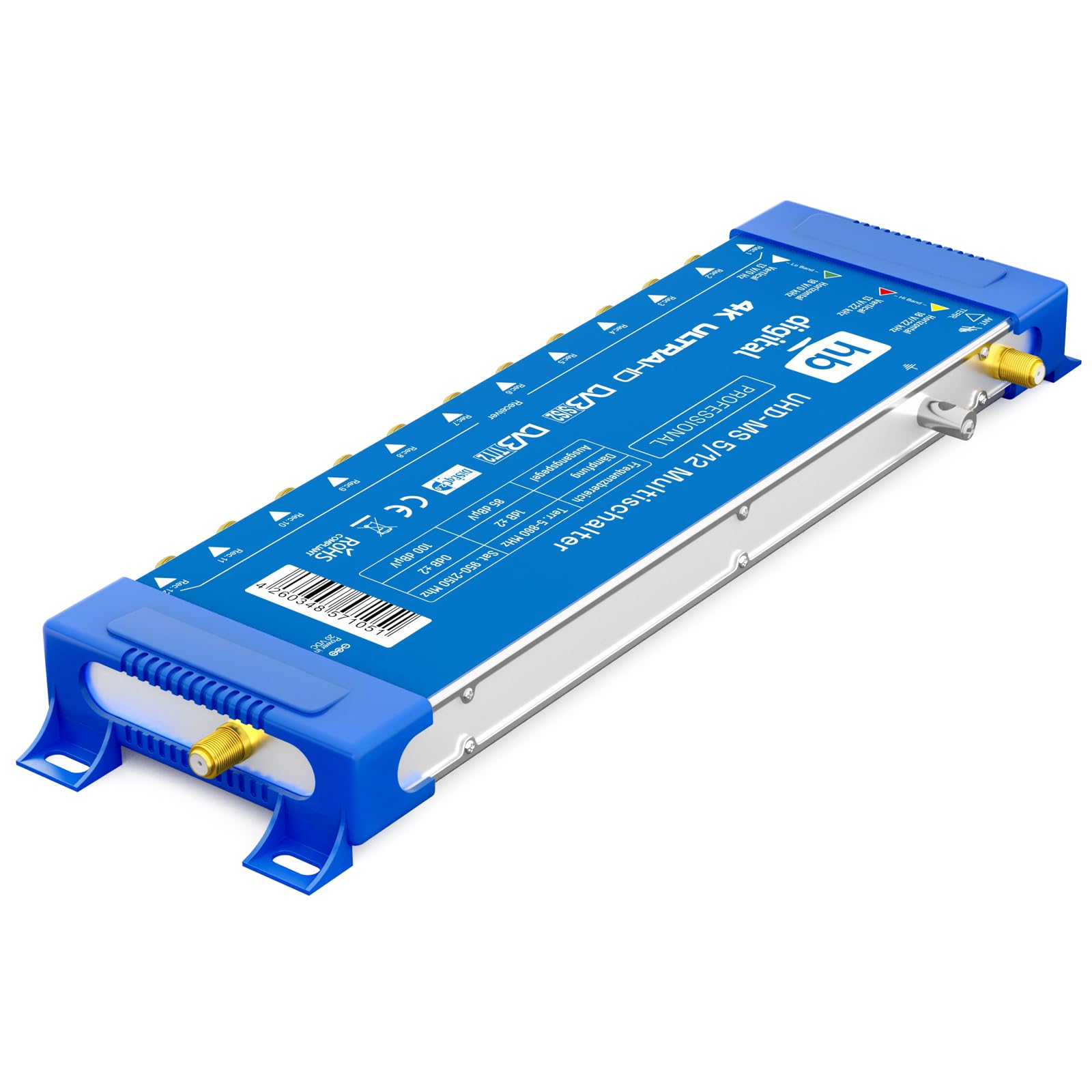 hb-digital Commutatore 5/12 con alimentatore esterno per 12 partecipanti e 1 satellite – adatto solo per Quattro LNB UHD 4K Full HD DVB-S/S2 – ingresso terrestre – connettori F dorati