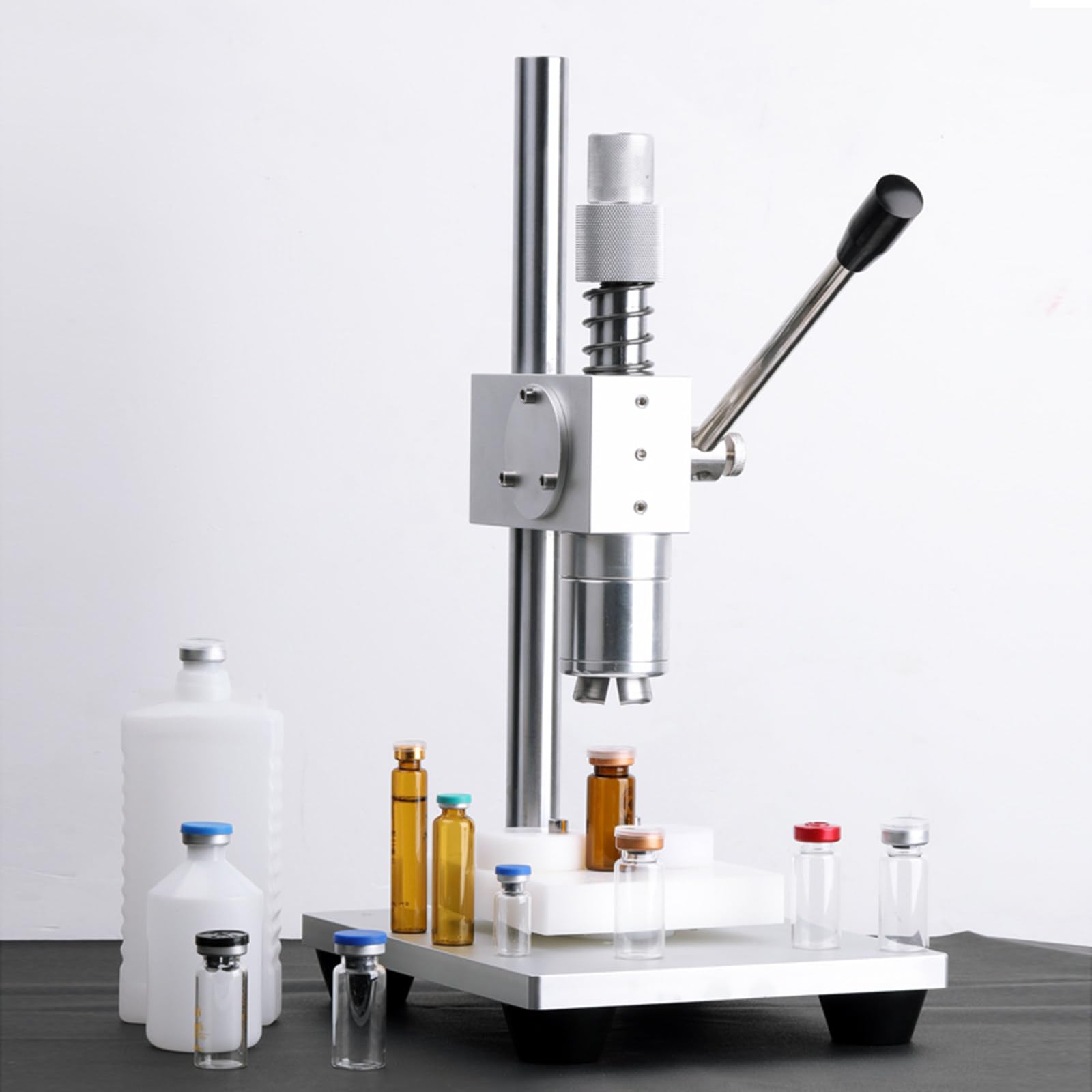 Máquina de sellado manual de viales, herramienta de crimpado de altura ajustable para un sellado eficiente de tapas de botellas en laboratorios y farmacias