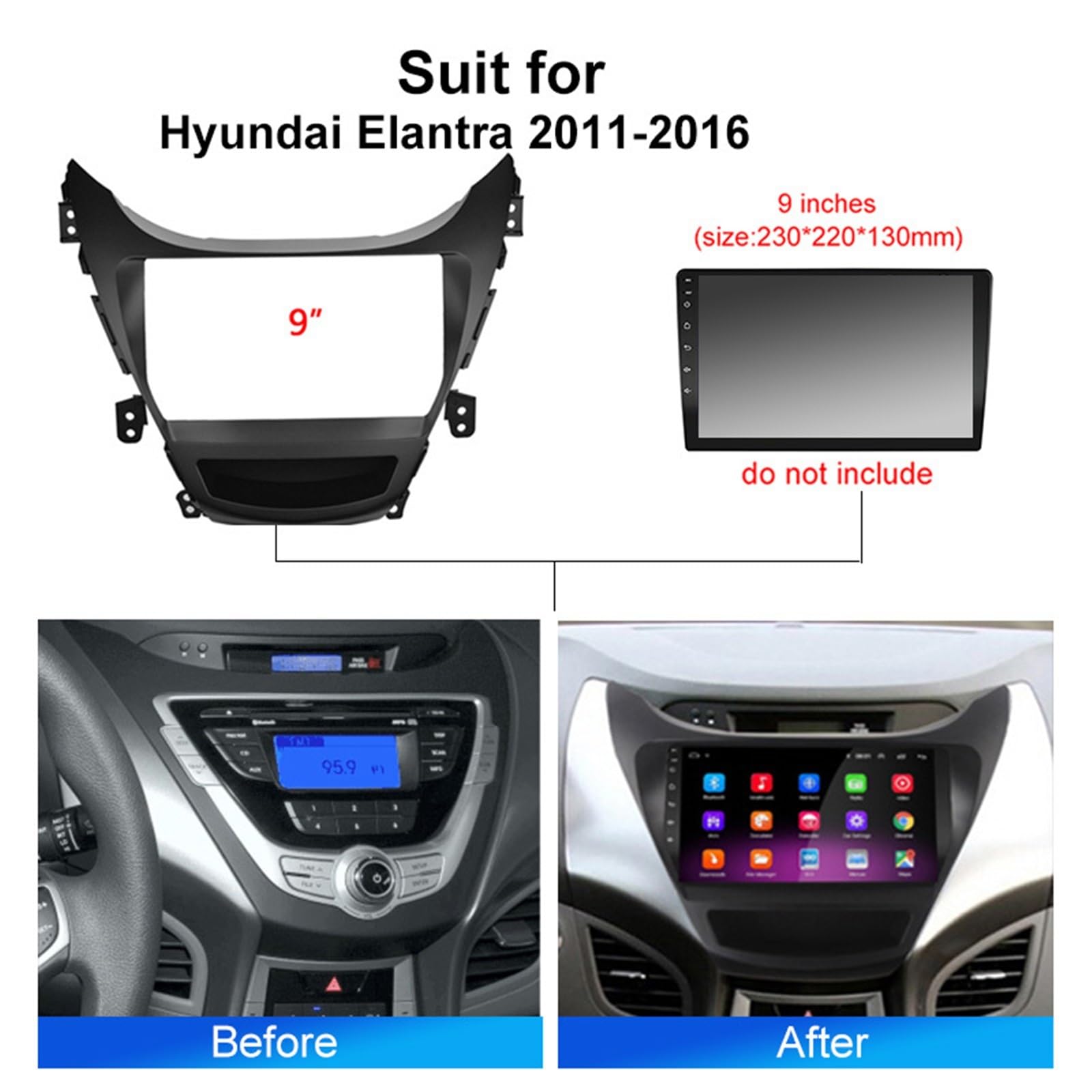 Samochodowe ramki montażowe Pasuje do Hyundai Elantra 2011-2016 2din zestaw montażowy deski rozdzielczej DVD, panel, kabel, 9 cali, Android, radio samochodowe, rama, deska rozdzielcza