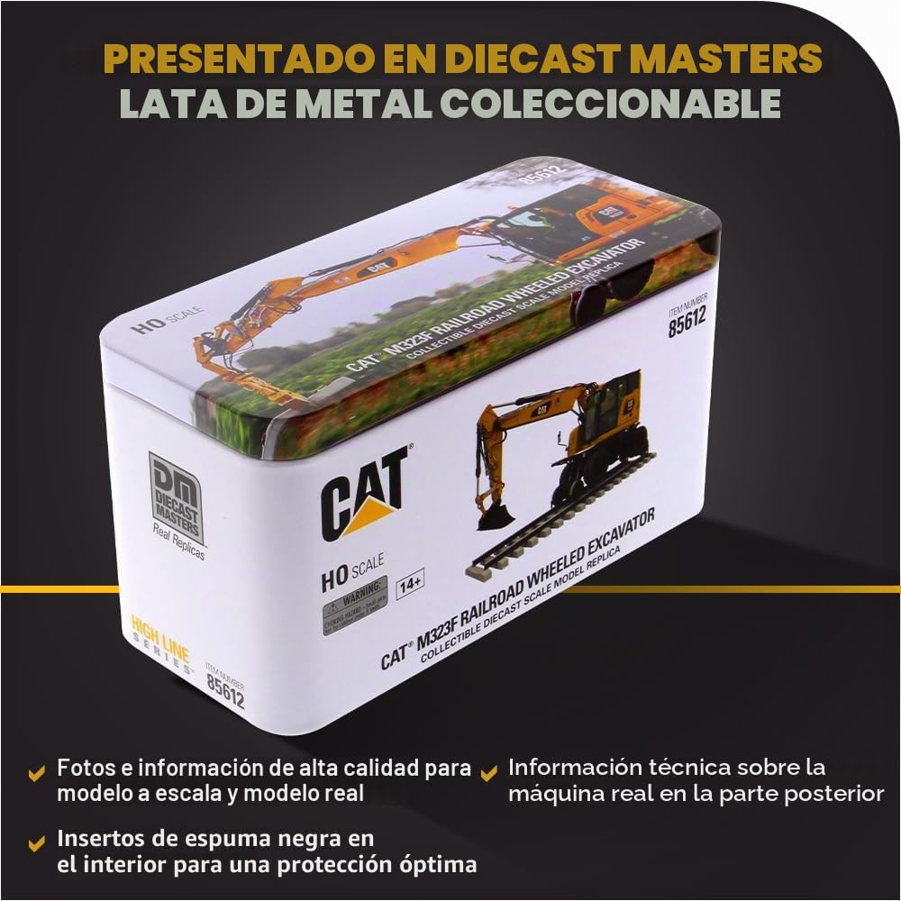 Diecast Masters Caterpillar M323F 85612 - Excavadora móvil con Accesorios, Detallada H0 Cat en Caja de Metal, Escala 1:87, Aprox. 9,5 x 3,4 x 4,6 cm, 14+, para Modelos de ferrocarriles y