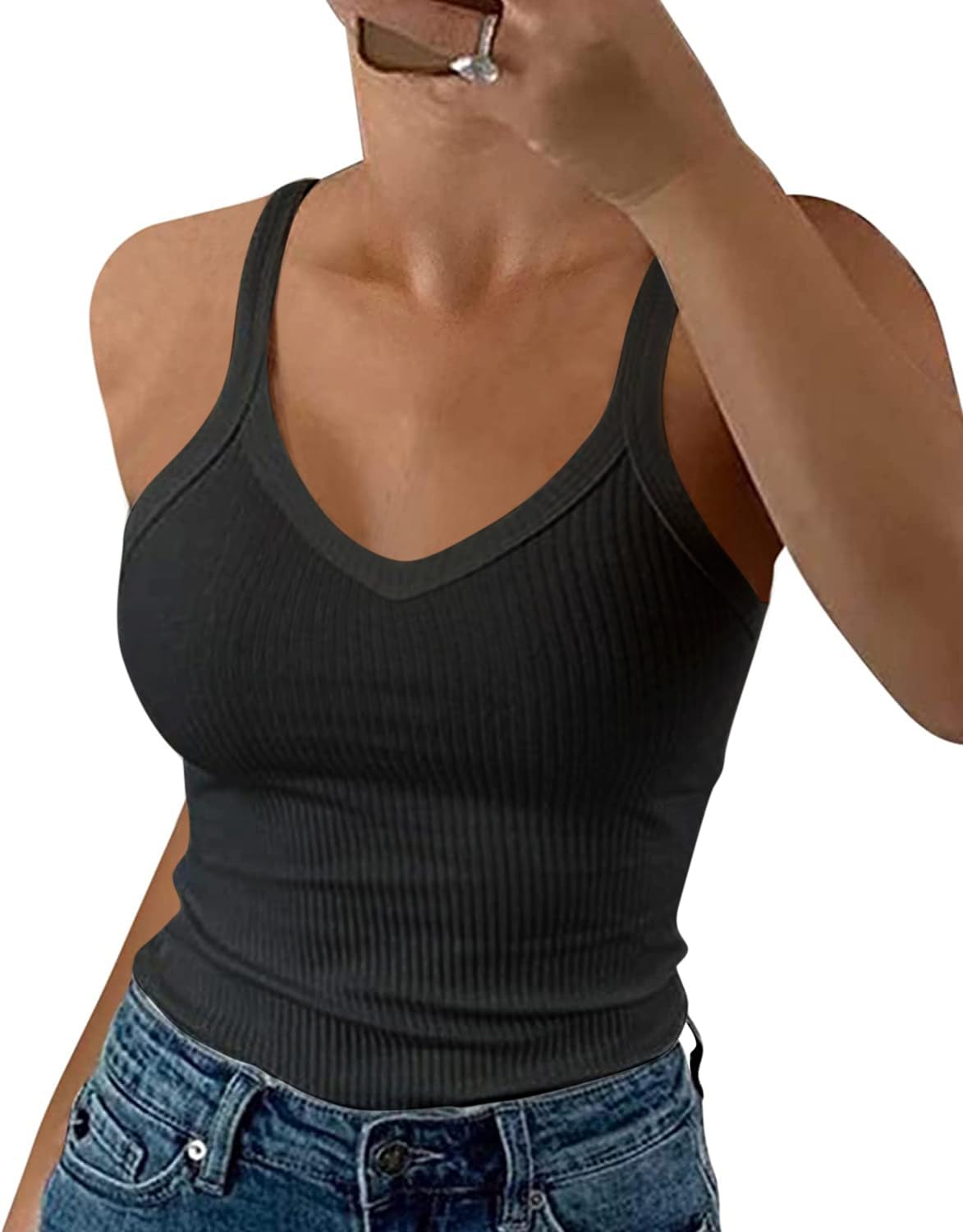 Wenrine Damen Spaghetti Tops Sexy U-Ausschnitt Tank Top Sommer Gerippt Tanktop Slim Fit Einfarbig Camisole