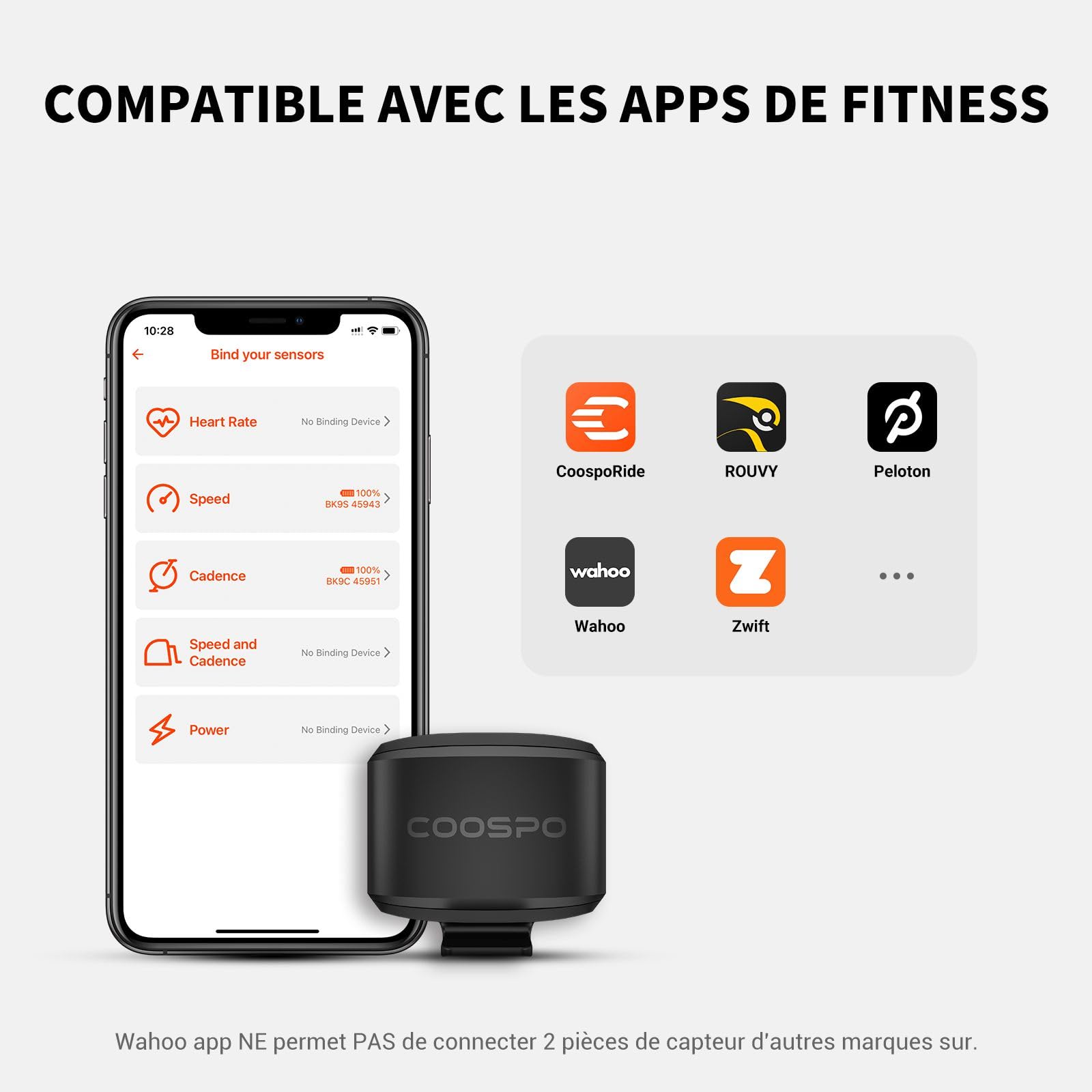 COOSPO BK9S Capteur de vitesse/cadence Bluetooth 5.0 ANT+ sans fil IP67 étanche