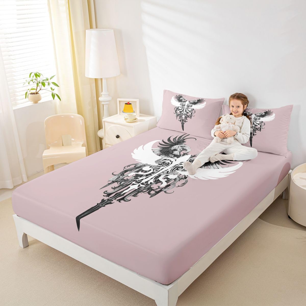 Erosebridal Y2K Anime Wing Bed Sheets Full Gothic Cross Theme Fitted Sheet Patriotic Style Wings Bedding Set for Kids Boys Girls,Goth Victorian Vintage Bed Cover 3 Pcs