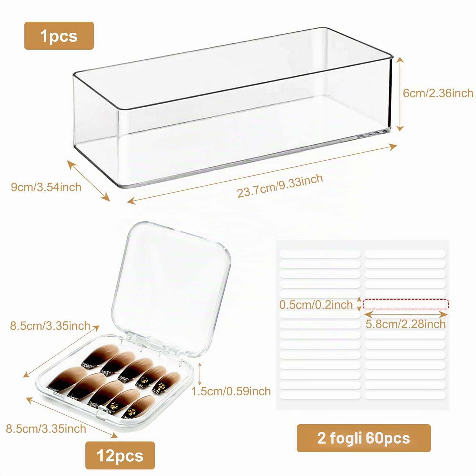 12 Pezzi Scatole Espositore Punte per Unghie (8.5 × 8.5 CM) 60 Pezzi Nastro Biadesivo 1 Grande Scatole Imballaggio Kit Supporto Trasparente Espositori Unghie Finte per Press on Nail Business