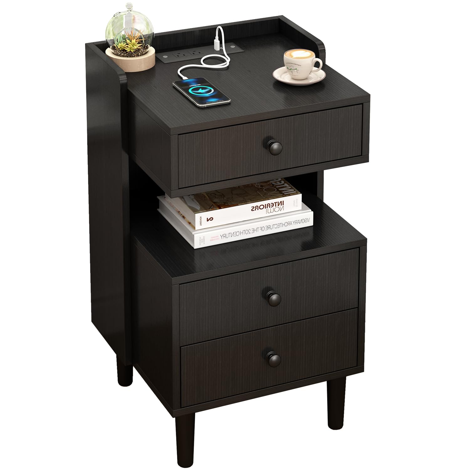 Merdumia Black Nightstand with Charging Station, Bed Side Table/Night