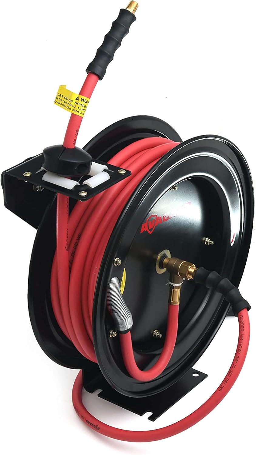AVAGARD AVGR3850 Metal Retractable Hose Reel with Premium 3/8" x 50' Rubber Air Hose, 20% Lighter, 100% Rubber, Super-Light, Super-Strong, Flexible Range -40F to 180F