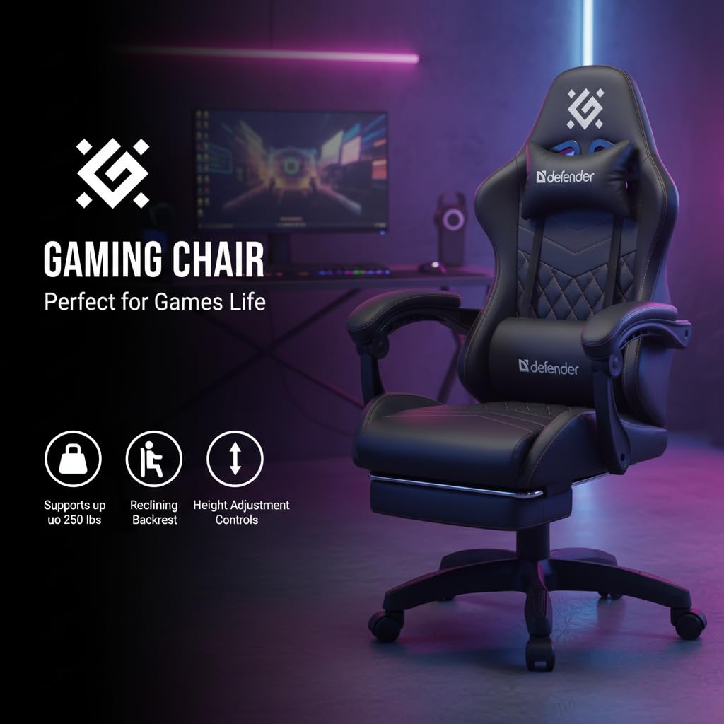 Defender® Gaming Stuhl, Ergonomischer PC Stuhl, bequemer Bürostuhl für Home Office oder Gamer-Sessel, Kopfkissen, Höhenverstellbar, Computerstuhl, PVC-Leder, Schwarz