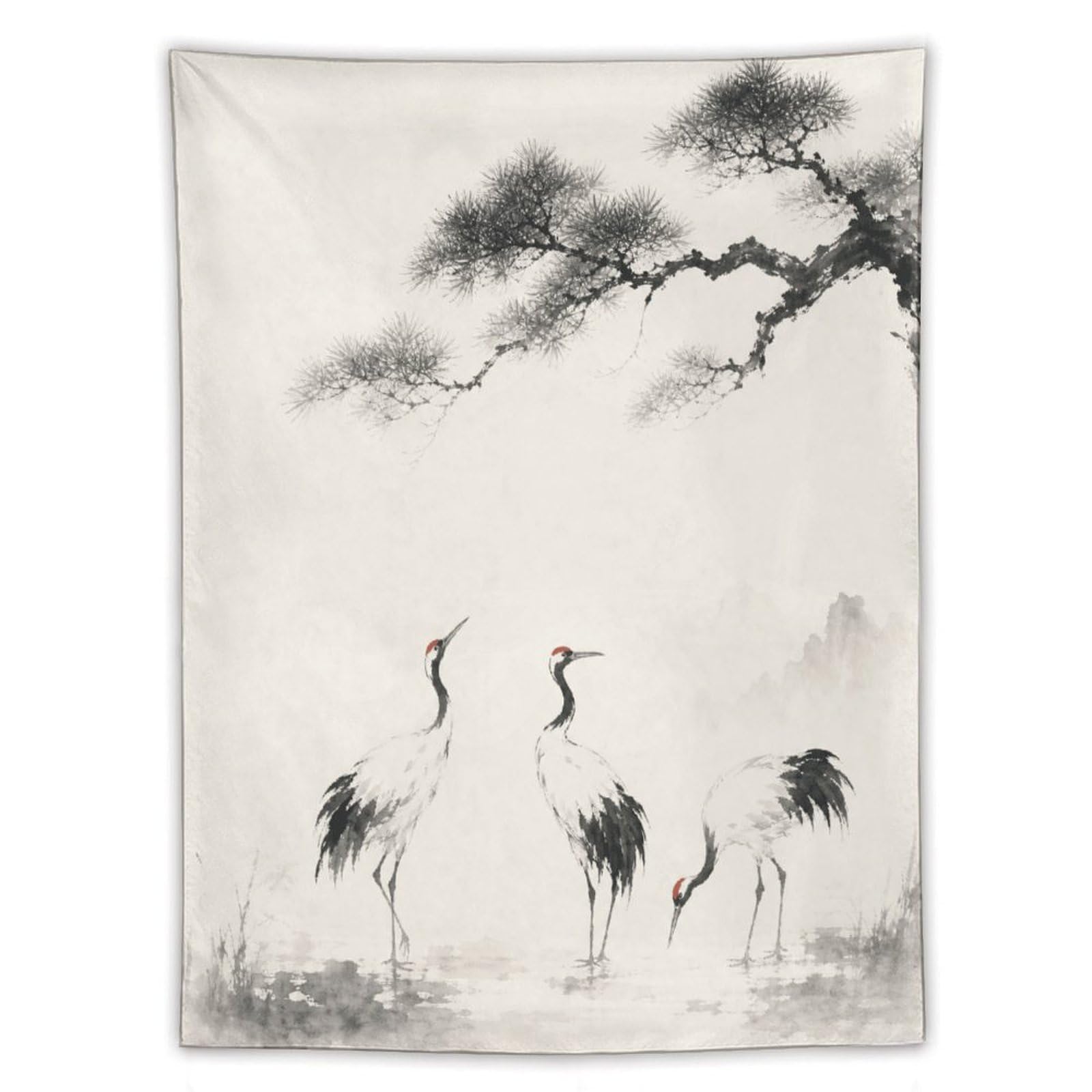 H3B8U2Y5 Cranes in Mist Wall Tapestry, Asian Ink Style, Minimal Ink