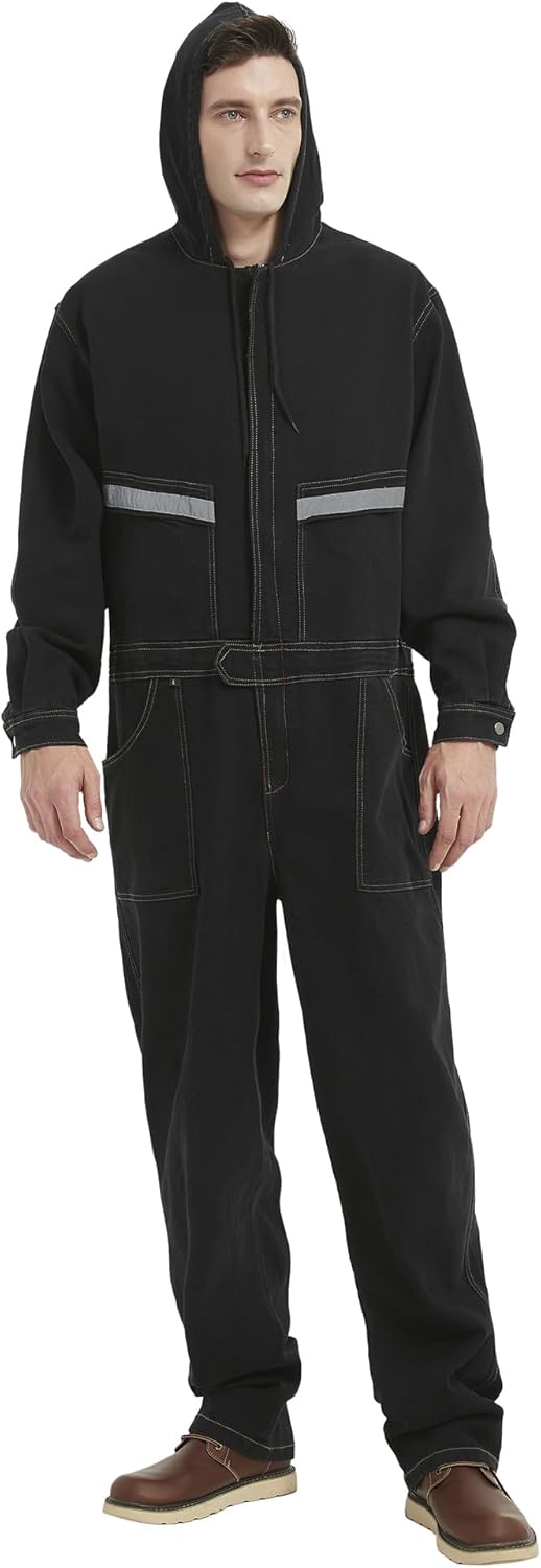 Mens Denim Work Coveralls with Hood Heavy Duty Work Jumpsuit Loose Fit Coverall Hi Viz Mechanic Jeans Overalls - Image 5