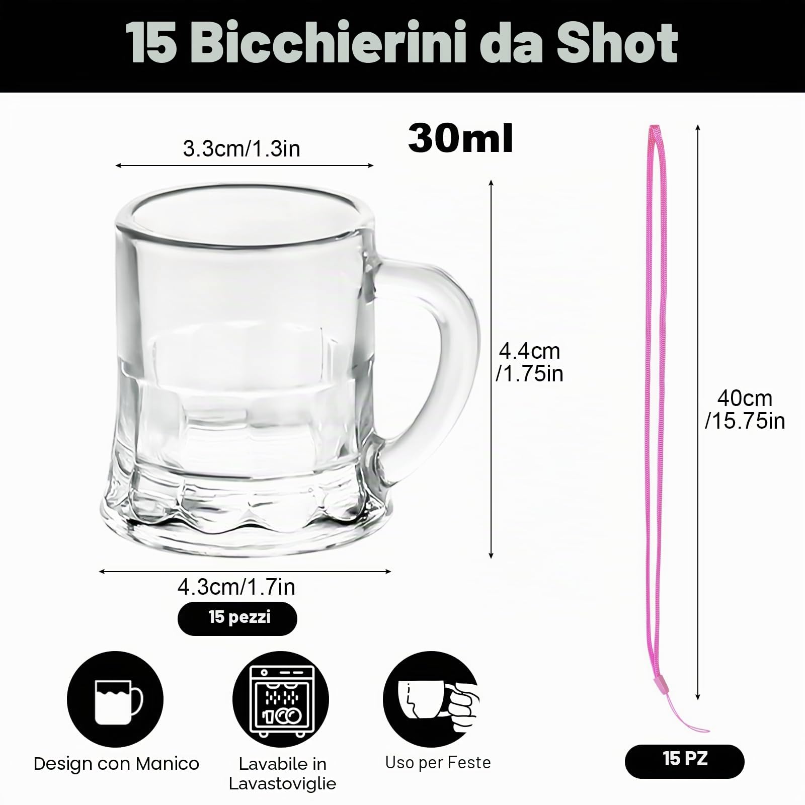 Mssushi 15 pezzi Bicchieri da Shottino 30ML Bicchieri con Manico e Collana, Bicchiere da liquore con fondo spesso, Per addio al nubilato Addio al celibato Matrimonio Carnevale Compleanno