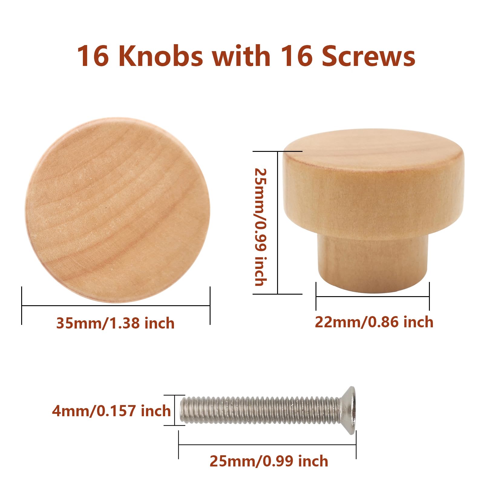 Bmgop 16PCS Wood Knobs Flat Top Round Cabinet Knobs 1.39"(35mm) Natural Wooden Dresser Drawer Knobs Kitchen Cabinet Pulls Handles - Image 2