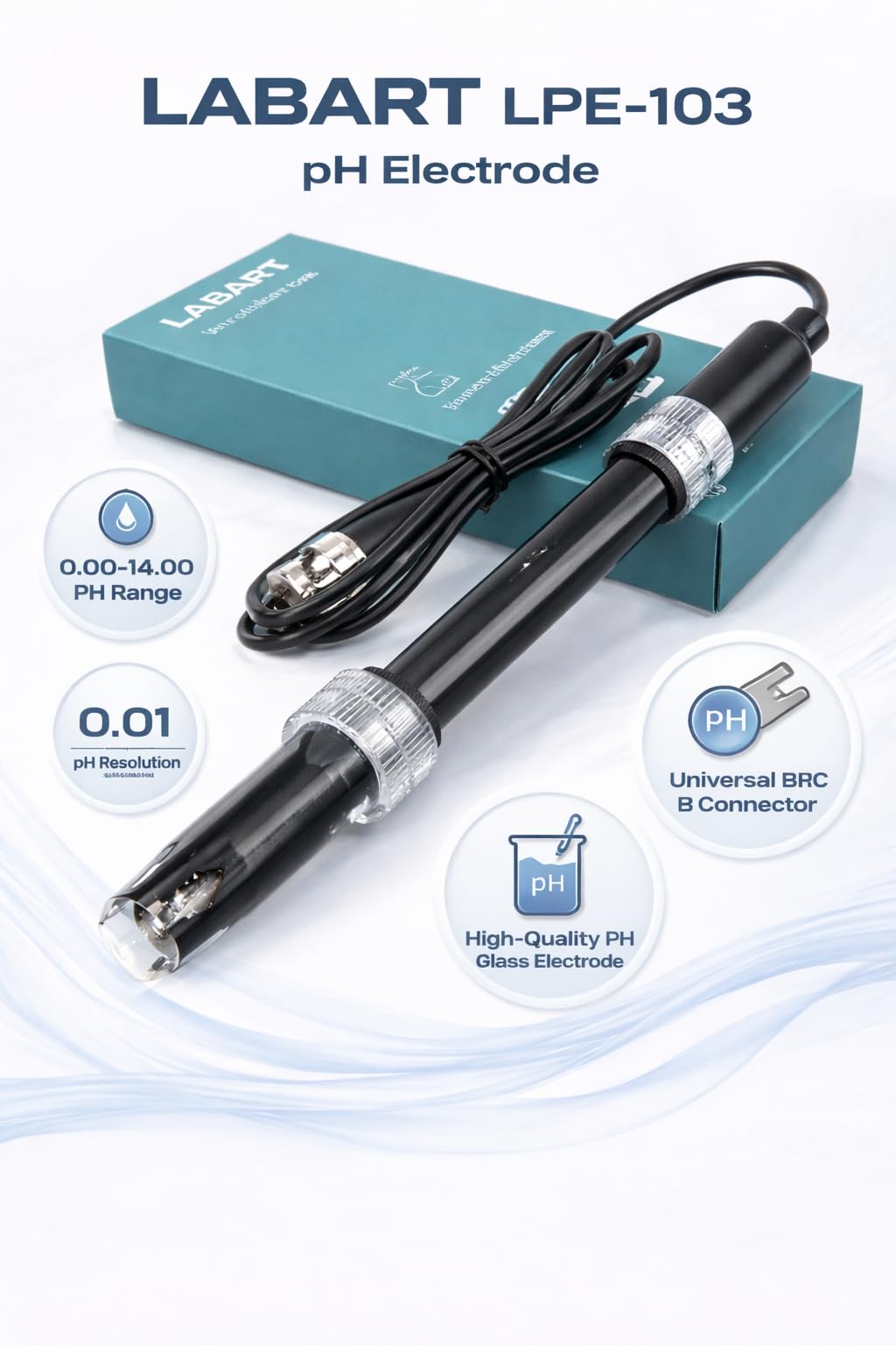 LABART 0-14 pH Electrode Probe BNC Connector, 100 cm Cable for pH Meter Monitor Controller Test Sensor, Replacement Kit for Aquarium Hydroponics Plant Pool Spa (1M Long Cable) 1