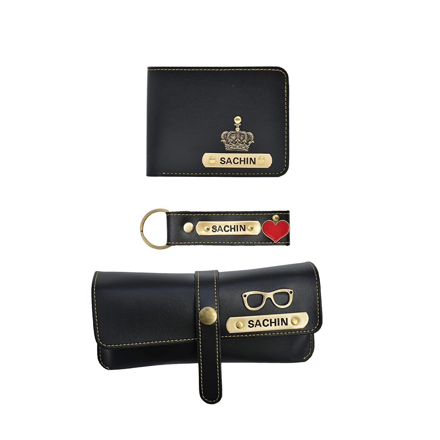 Ahimsa Leather Vegan Leather Customized All in One Men's Combo Gift (3 pcs) Wallets, Key Chain and Eyewear Case - Wine, Black, Classic