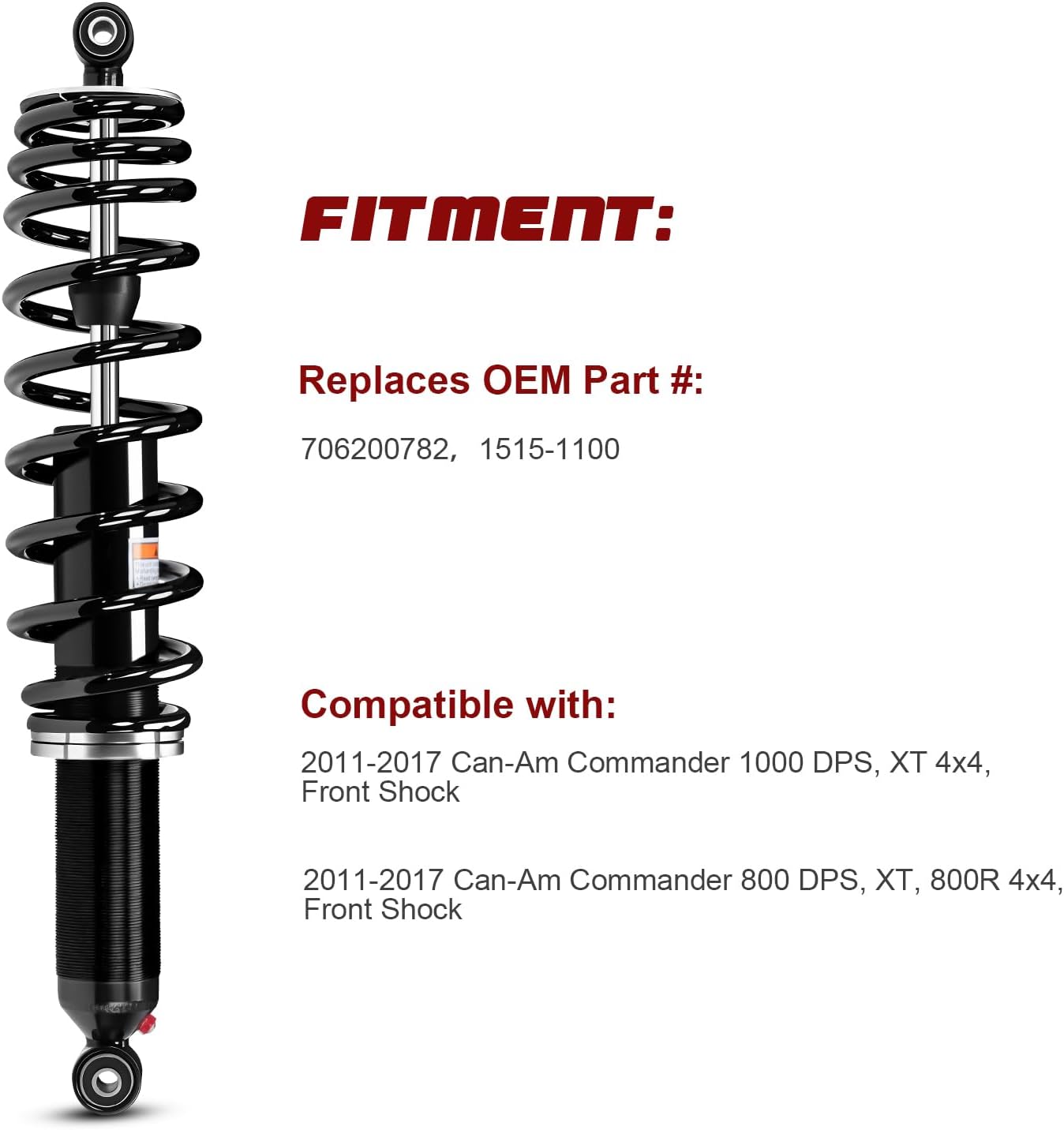 Monotube Front Shocks, Shock Absorber, Struts for 2011-2017 Can-Am Commander 1000 DPS, XT 4x4; 800 DPS, XT, 800R 4x4, OEM# 706200782, 1515-1100, Amortiguadores delanteros monotubo Can-Am Commander