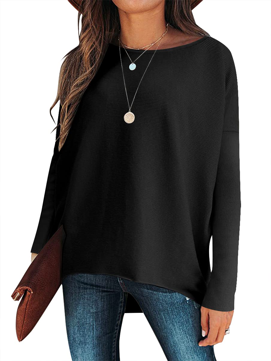 ANRABESSWomen's Oversized Sweater Casual Boat Neck Long Batwing Sleeve Asymmetric Hem Knit Slouchy Jumper Tunic Tops