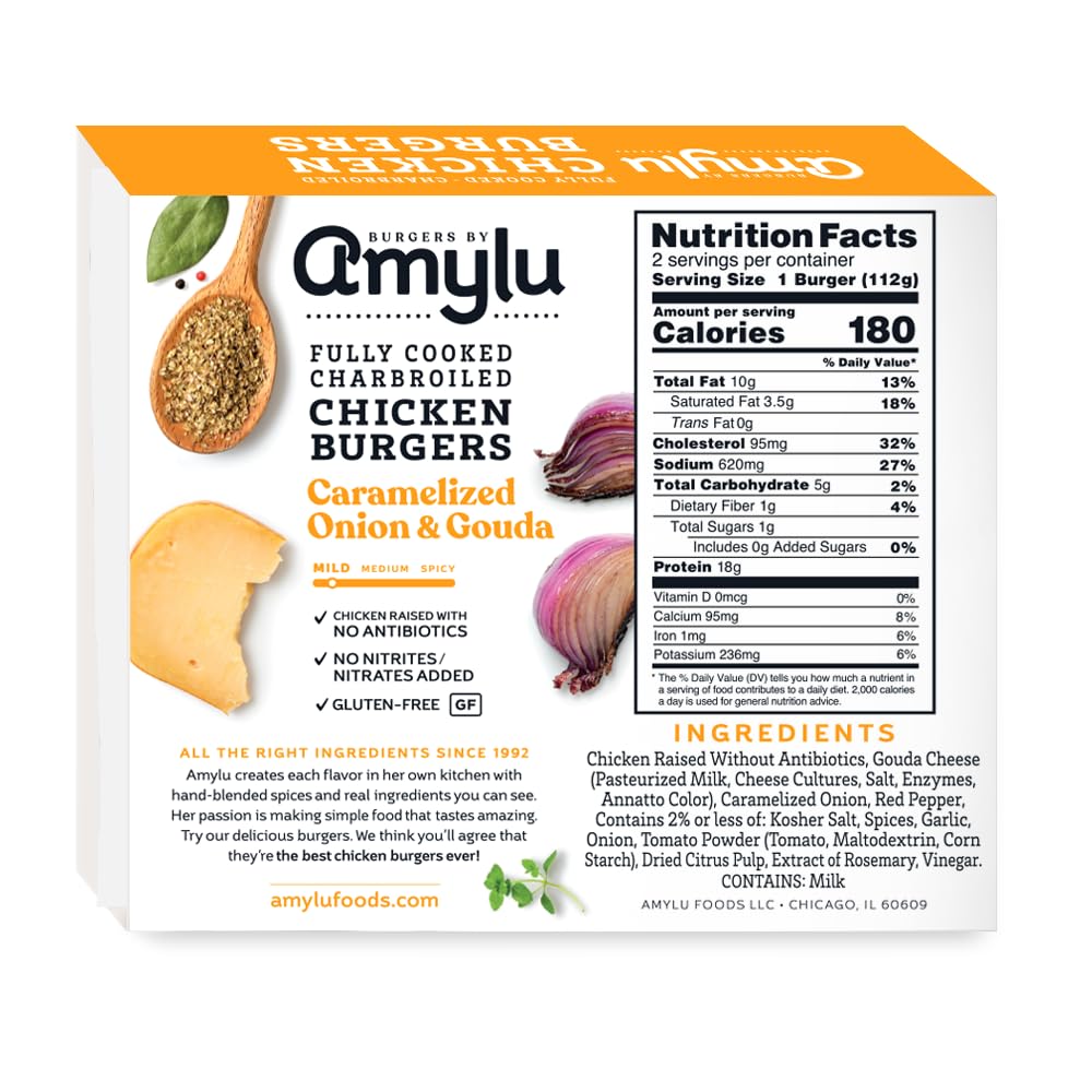 Amylu Foods Caramelized Onion Gouda Chicken Burger Natural Ingredients 18g of Protein Chicken Raised with No Antibiotics Fully — view 2