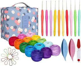 15 bolas de linha de crochê e 10 agulhas de crochê de renda com bolsa de armazenamento, fio 100% algodão com 2 ferramentas de venezianas