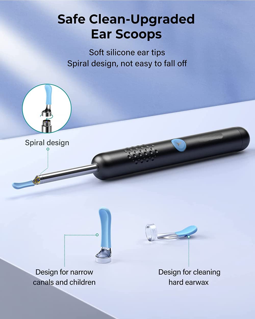 Herramienta de Cera de oído con otoscopio 1080P, de oídos con 2 cucharas de Silicona, cámara de oído con 6 Luces LED para Limpieza de oídos, Compatible con iOS, Andriod, Negro/Blanco