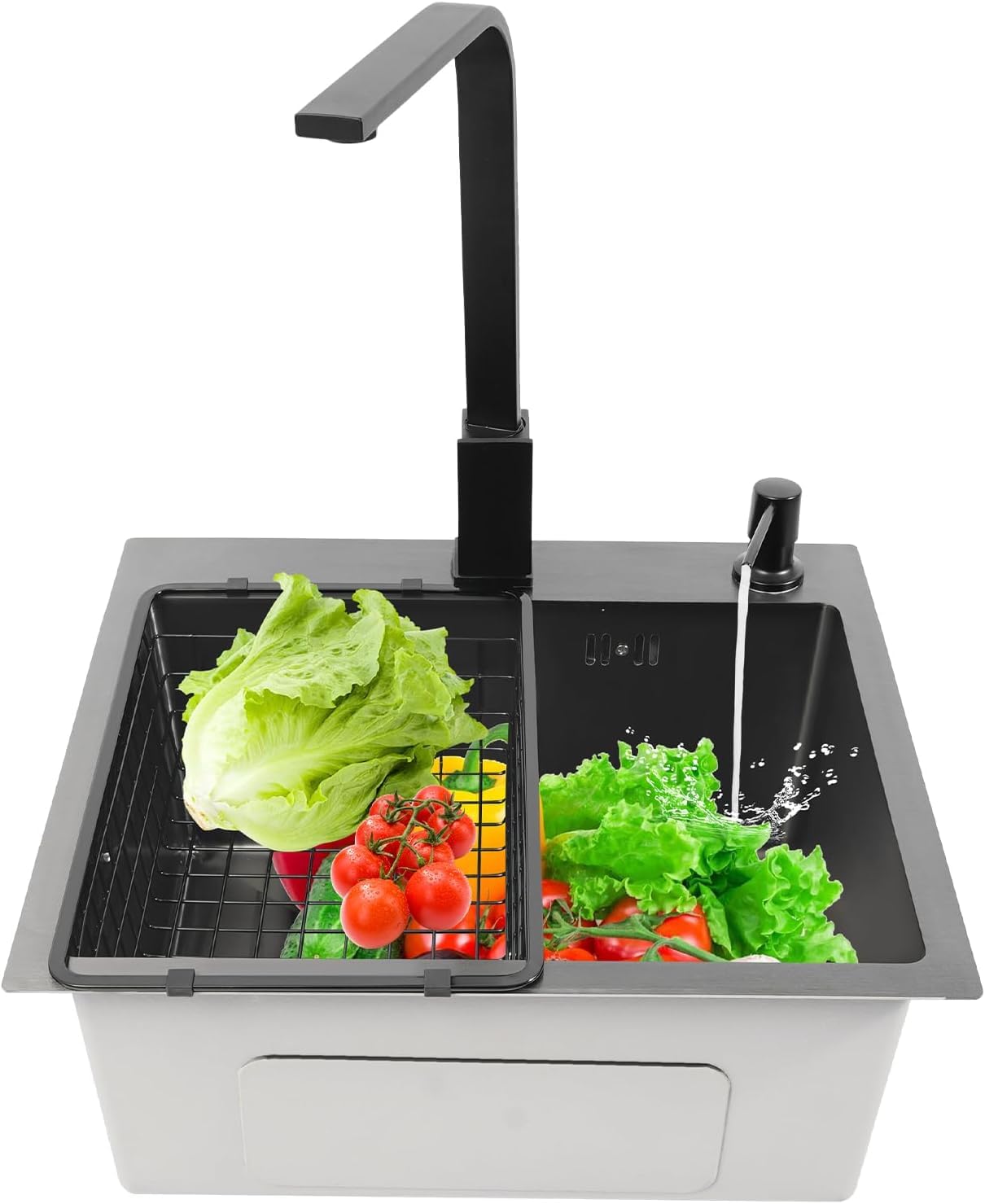 Fregadero de cocina negro de 45 x 40 cm, juego de fregadero con grifo, incluye escurridor y dispensador de jabón, grifo giratorio 360°, color negro mate, acero inoxidable 201