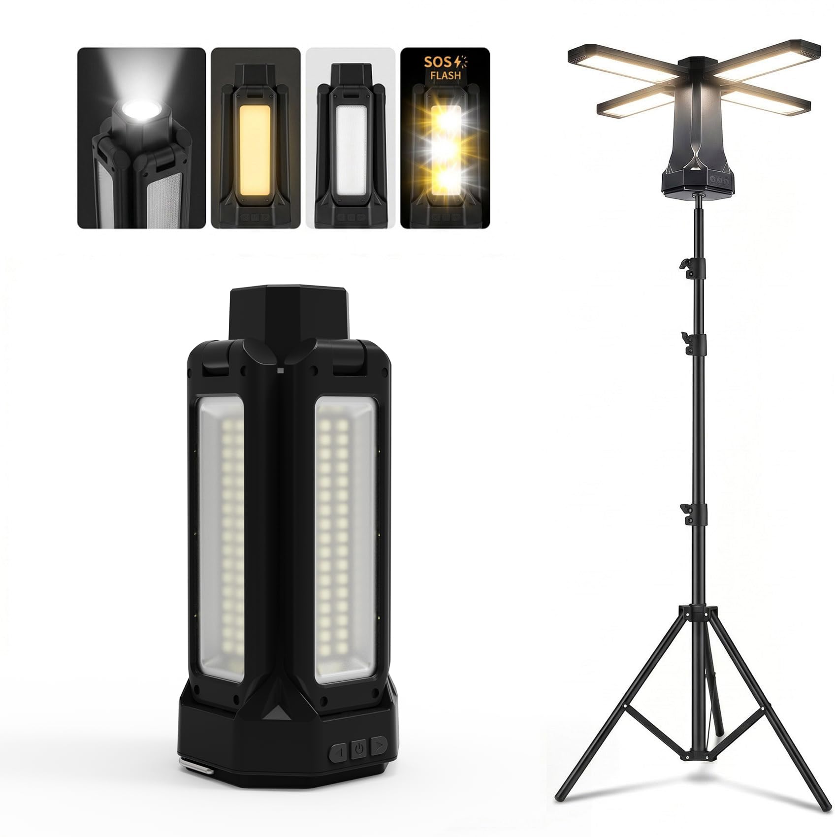 Luz de camping portátil con soporte, 20000 mAh, 63 pulgadas, recargable, linterna de campamento con bolsa para garaje, trabajo al aire libre, cortes de energía de emergencia