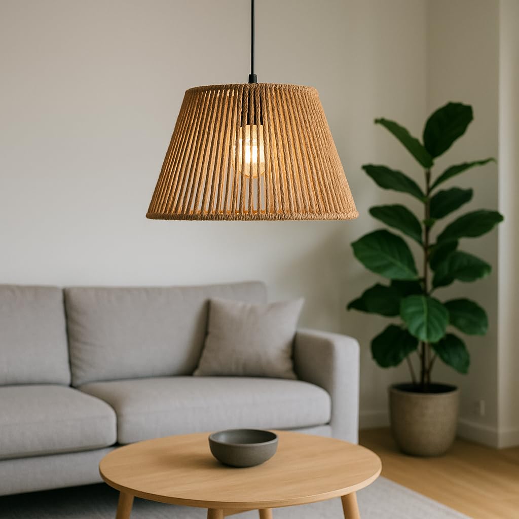 Voltico Natural / Tan Jute Rope Lampshade 1 Pack Handwoven Pendant Light Shade With E27 Ring Adapter 28Cm Bottom Diameter X 18Cm Height Rustic Boho Light Fixture For Living Room Bedroom Dining Area (1)