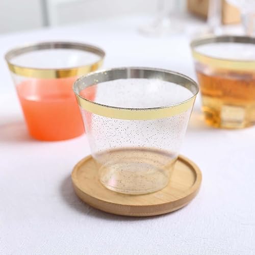 Miniatura 9 de Tableclothsfactory Paquete de 25 vasos de plástico desechables para fiestas, 9 onzas, con borde dorado y purpurina