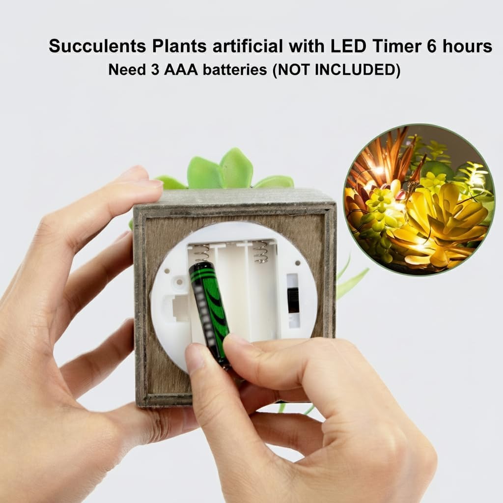 Mingfuxin Succulents Plants Artificial, Small Faux Plants with Lights, Assorted Decorative Fake Succulent Potted for Office Desk Bathroom Bedroom Shelves Windows Room Decor