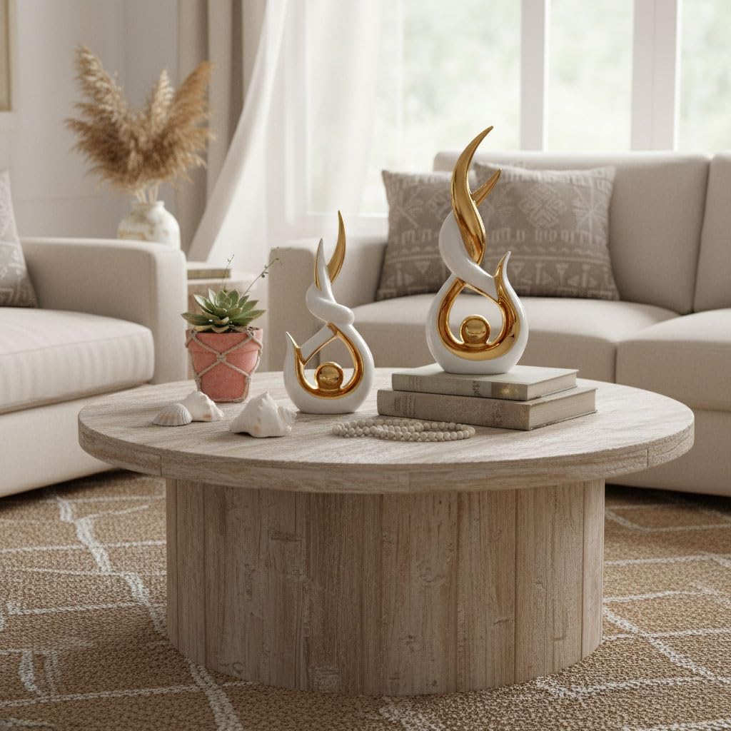 White Gold Ceramic Abstract 2 Piece Statue Set,Mid Century Modern Abstract Art Home Decor Statue Mantelpiece on Unique Shelf Decor, TV Cabinet Divider Table top and Dining Table Centerpiece
