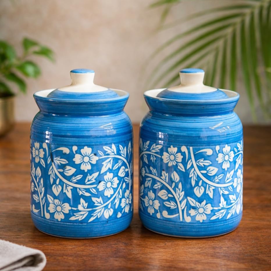 Image of Ceramic Handmade Pickle Jars in 1000ml (set of 2) | Handpainted Floral Bale 1 kg Achaar Martban | Ceramic Jadi for Kitchen Storage (Set of 2) | Jars for Achar, Spices, Salt (Floral SkyBlue Bale)