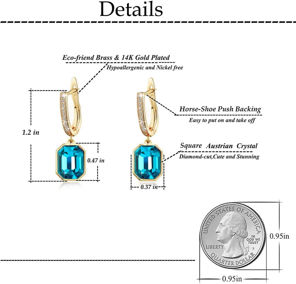 Austrian Crystal Octagon Leverback Drop Earrings for Women 14K Gold Plated Hypoallergenic Jewelry