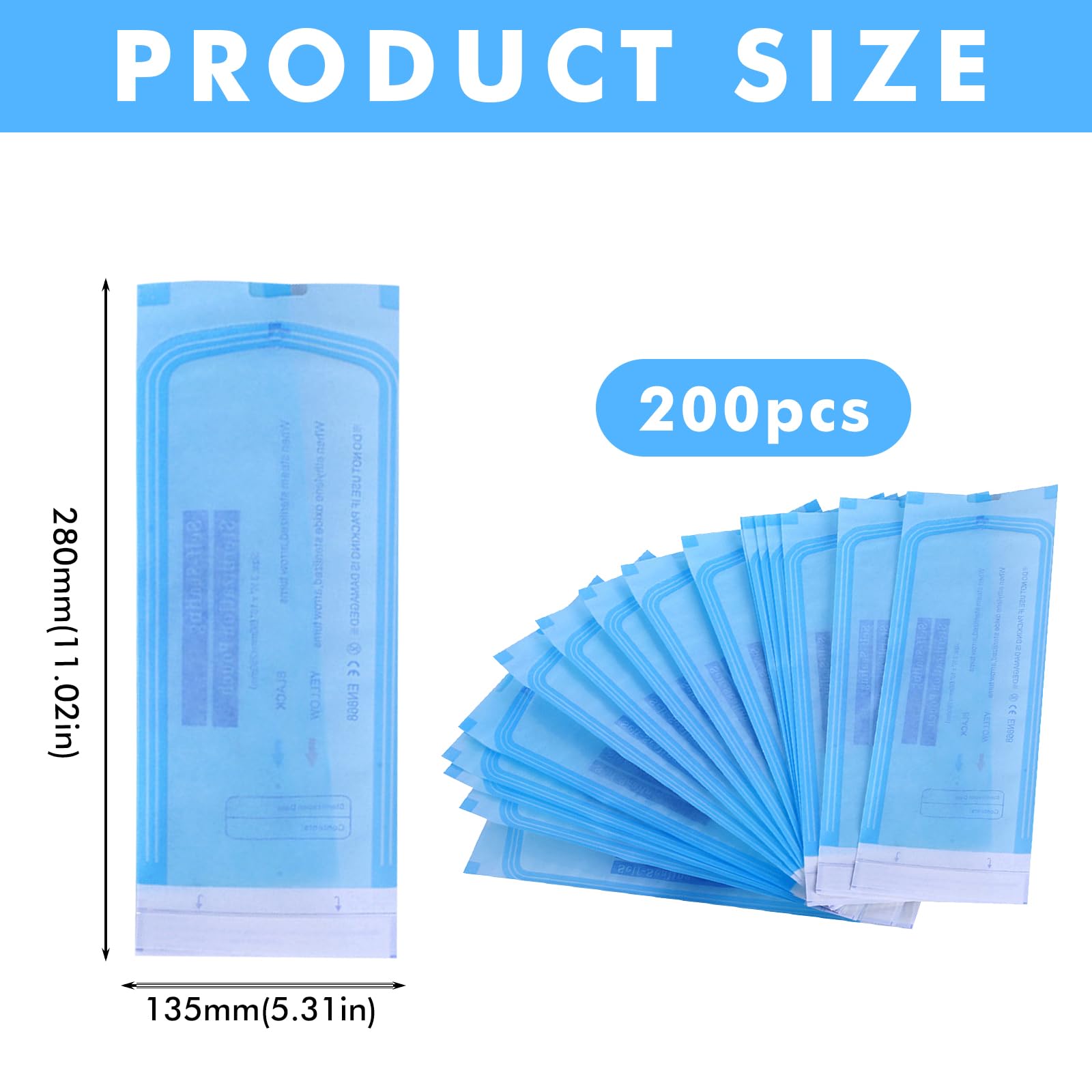 Lot de 200 sachets de stérilisation auto-scellants : 135mm*280mm Sachets de stérilisation à usage unique, sachets de stérilisation pour dentiste, sachets de stérilisation, sachets de