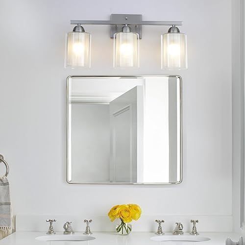 Miniatura 2 de Lámpara de tocador de baño de acero inoxidable sobre el espejo, 3 lámparas de baño de níquel cepillado con pantallas de vidrio transparente y vidrio