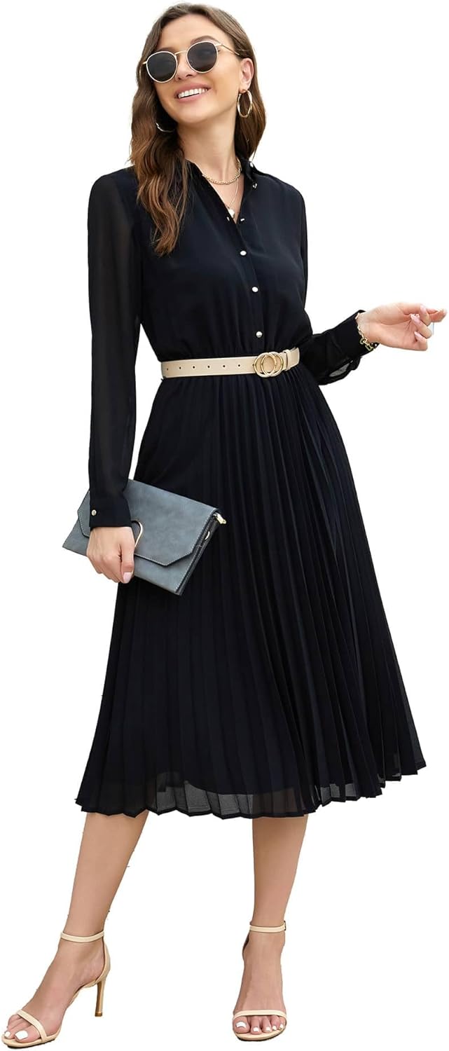 Business Casual Shirt Dress for Women Long Sleeves Pleated Midi Dresses with Belt - Image 7