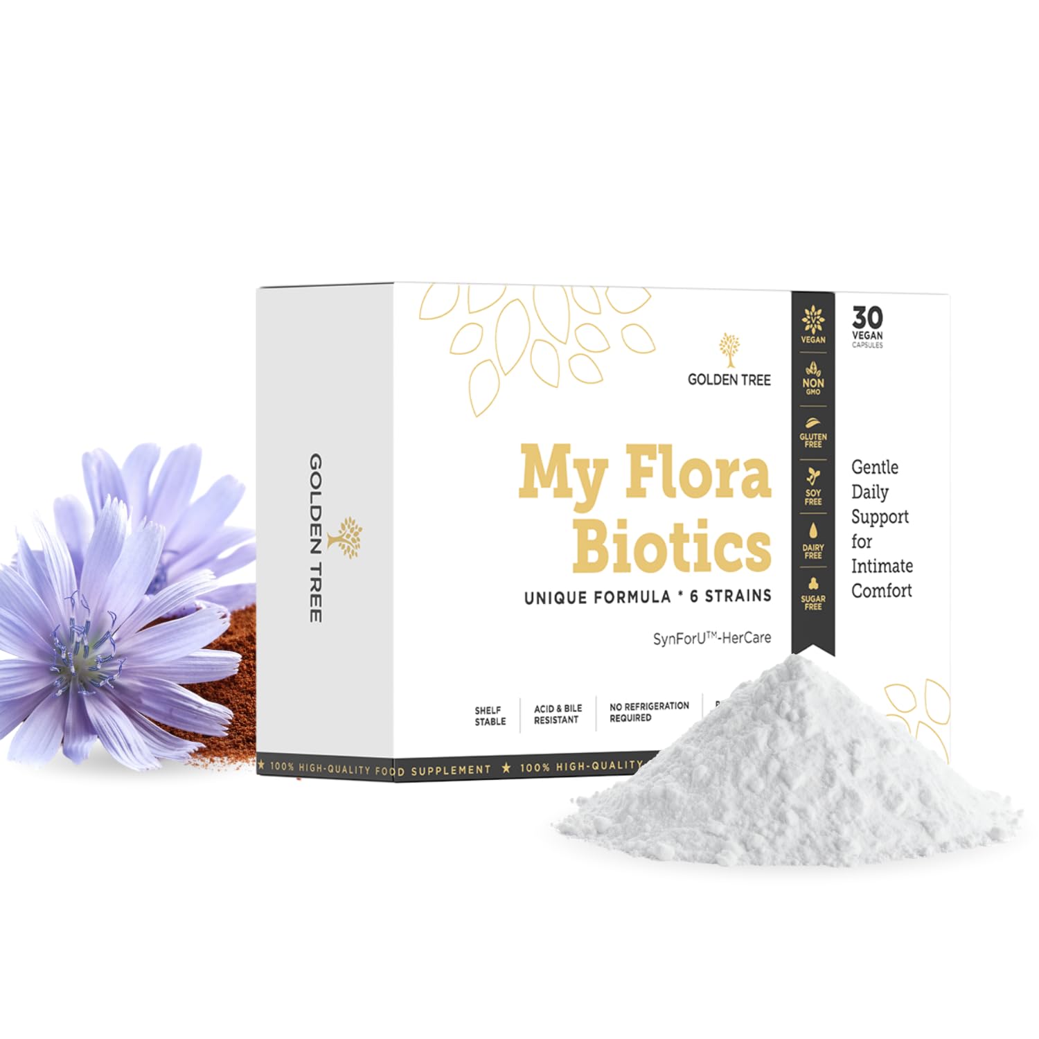 Golden Tree My Flora Biotics – Integratore Alimentare, 30 Capsule | Con 6 Ceppi di Lactobacillus, D-Mannosio e Inulina, 12 Miliardi di CFU