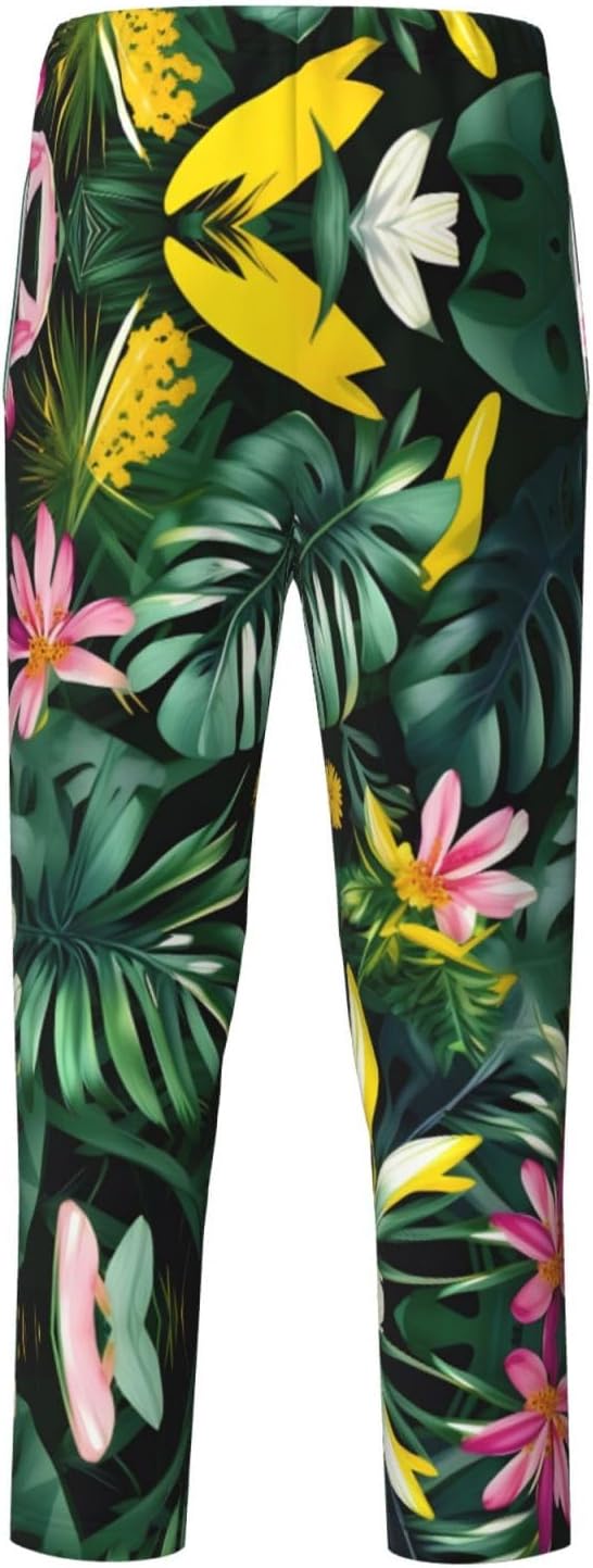 Tropical Leaves With Flowers Print Fashion Pajama Bottoms,Cotton Pajamas,For Both Lounging At Home And Casual Outings