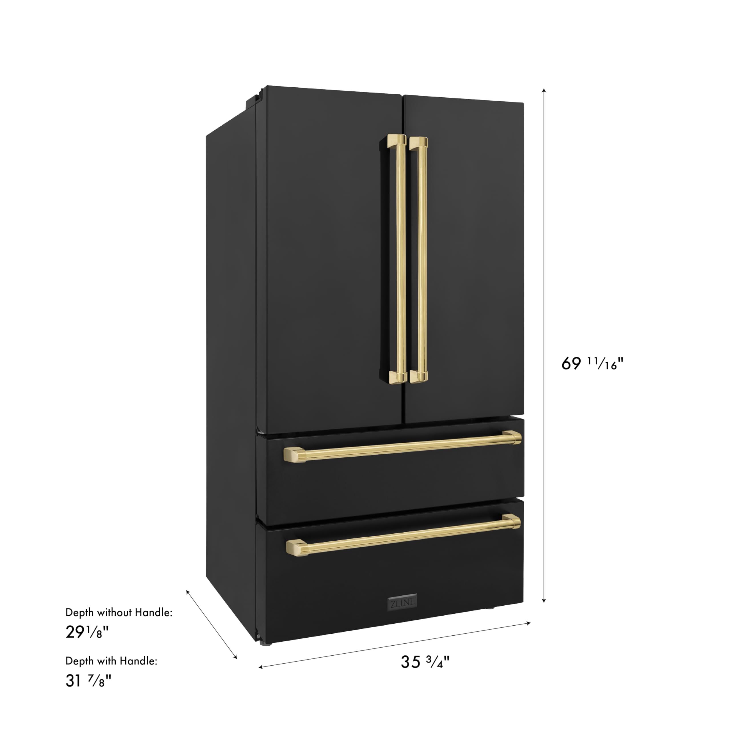 ZLINE Autograph Edition 36 in. 22.5 cu. ft. Counter-Depth French Door Refrigerator with Ice Maker in Fingerprint-Resistant Black Stainless Steel with Polished Gold Traditional Handles (RFMZ-36-BS-G) on Fridge.com