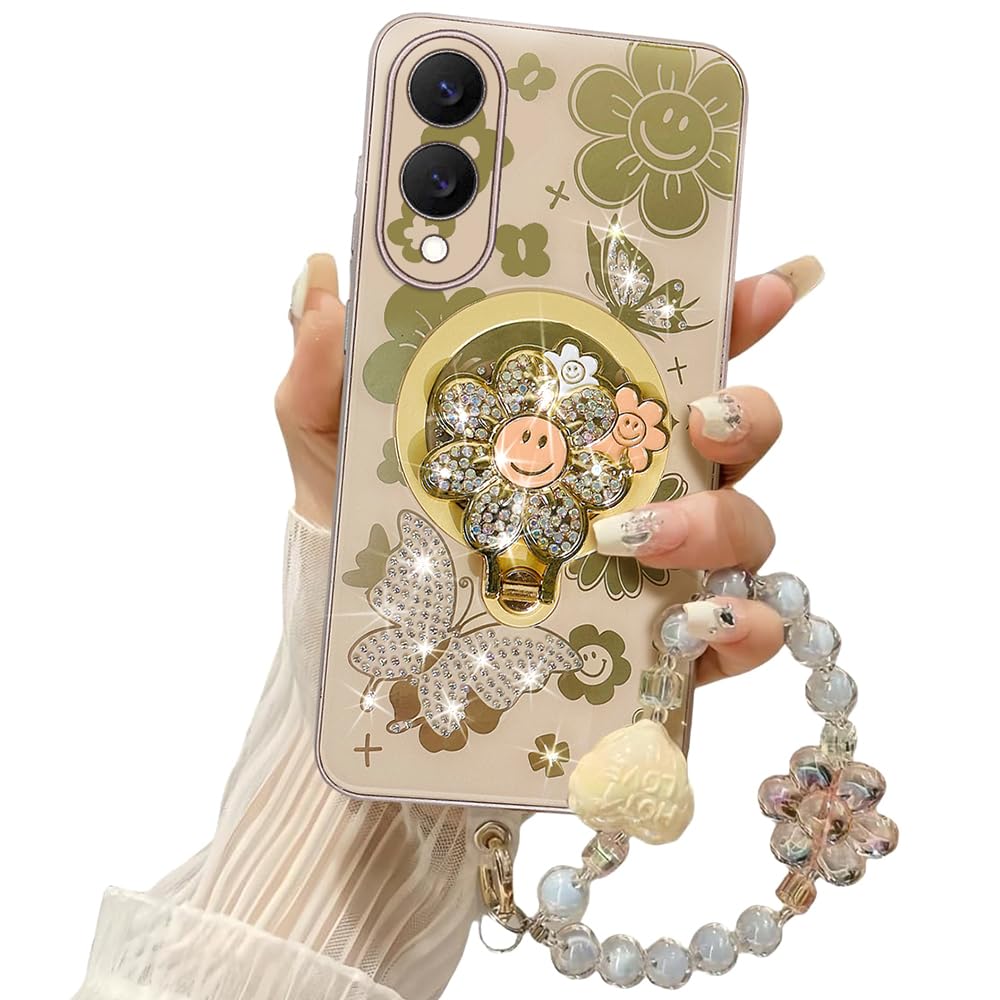 for Samsung Galaxy S25 Edge Case for Women Girls for Magsafe,S25 Edge Phone Case Cute Bling Diamond Sunflower Kickstand Design with Glitter Girly Bead