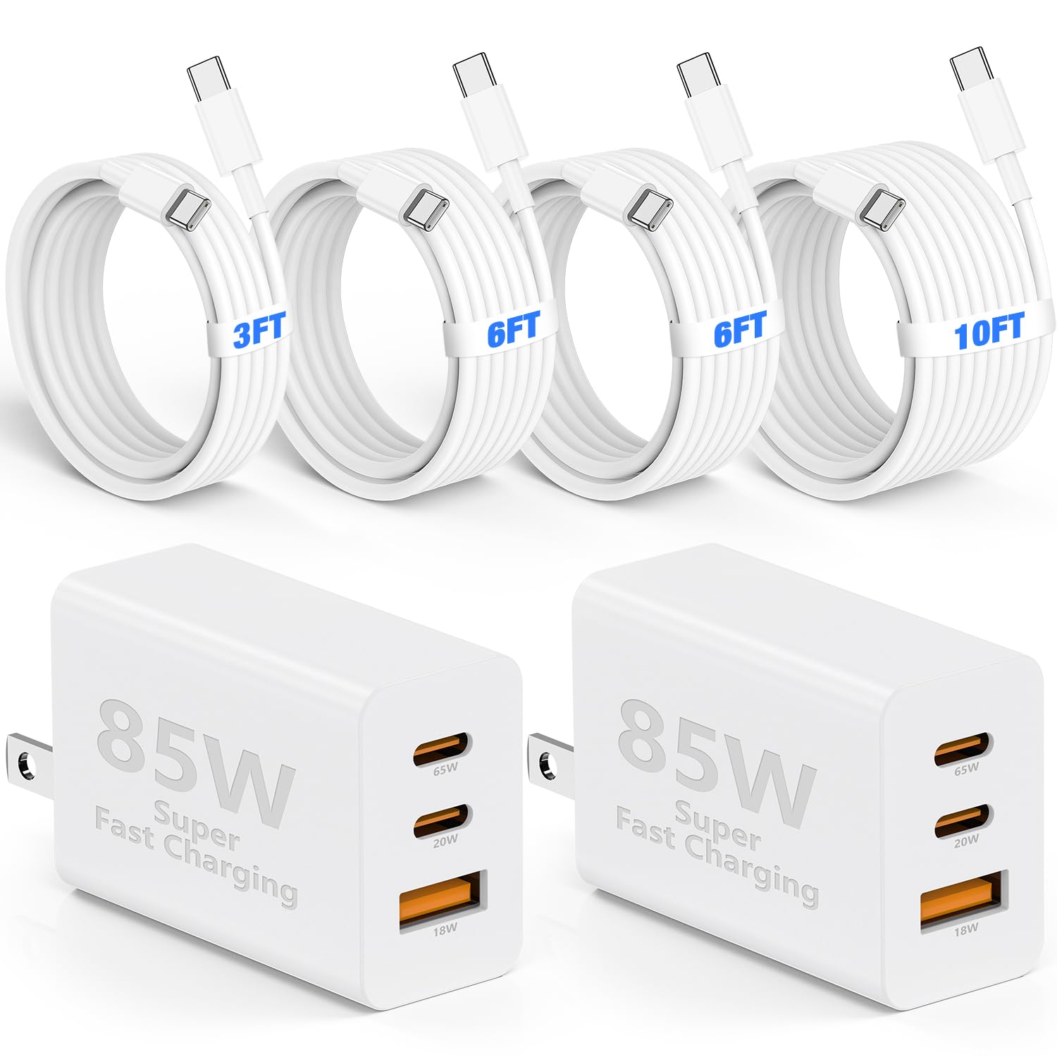 Essri 2팩 65W USB C 충전기 블록, 3포트 PD 3.0 고속 충전 벽 플러그 전원 어댑터, C to C 케이블 3+6+6+10 아이폰 17/16/15/14/13 프로 맥스, 아이패드 프로/에어/미니, 갤럭시 S26 및 기타용, 화이트