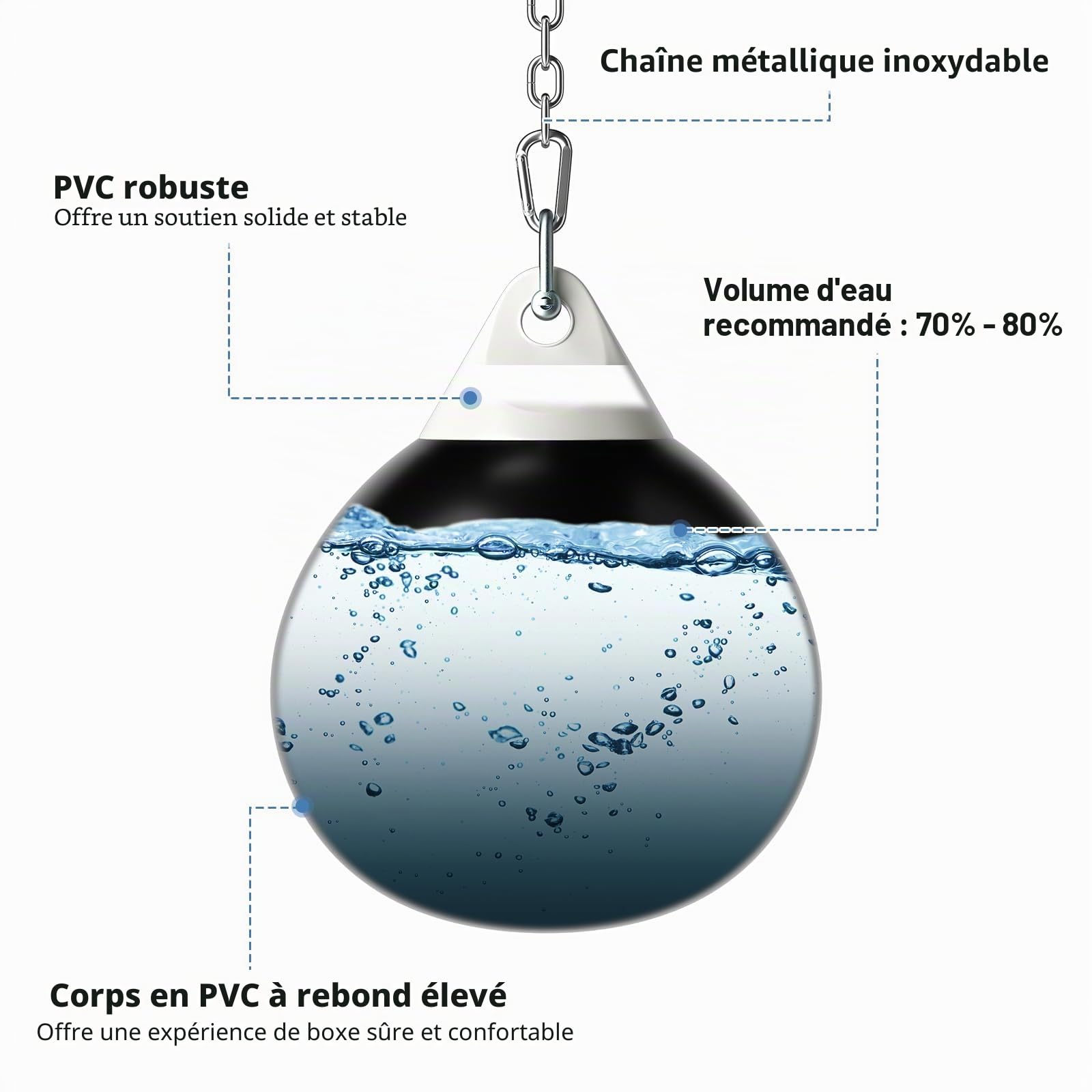 KOMFOTTEU Sac de frappe à eau, sac de frappe de boxe, sac d'entraînement rempli d'eau 50 kg, sac de frappe avec tuyau d'eau, chaîne en métal et mousqueton, sac de frappe spécial pour adultes et jeunes