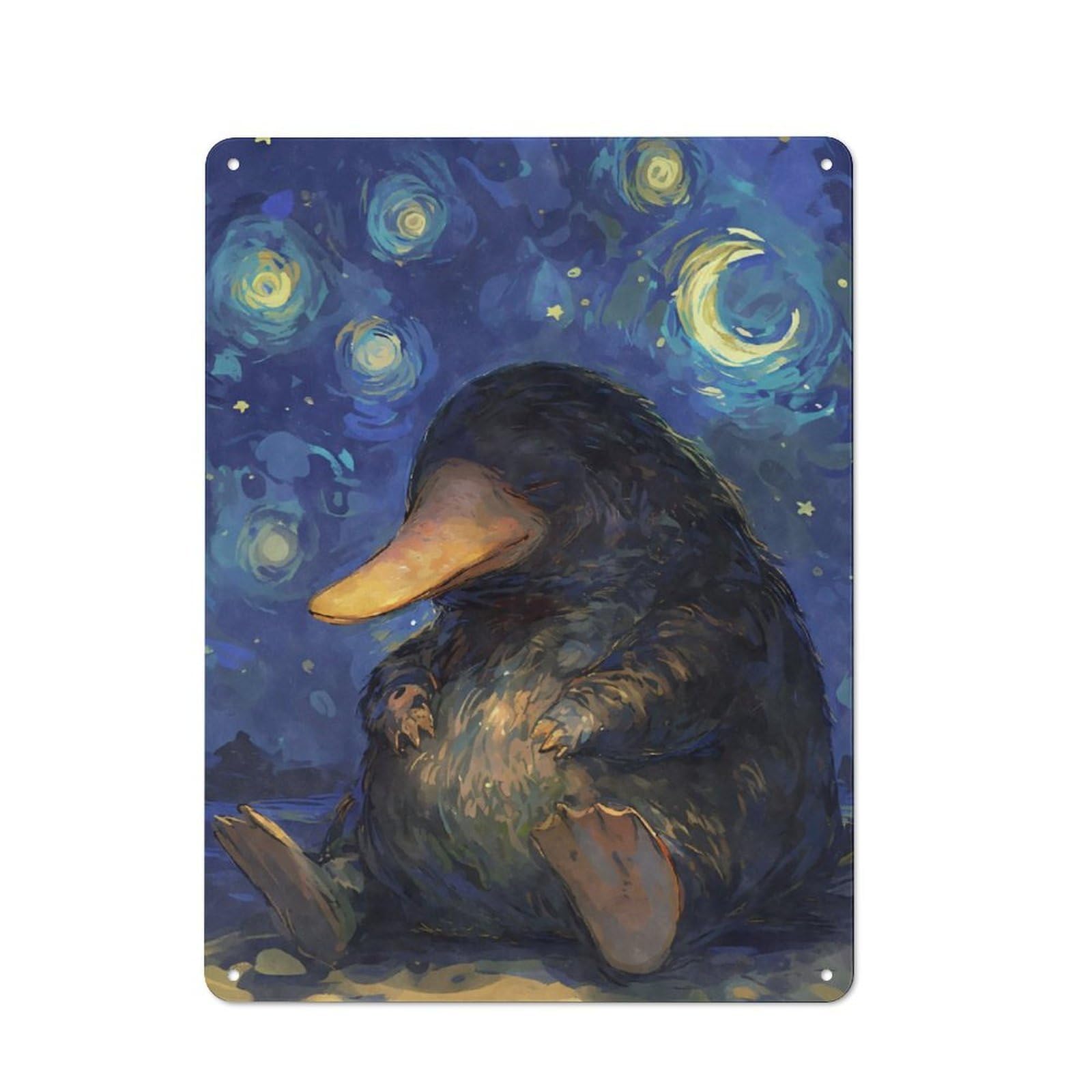 Junmoney Platypus Starry Night Cute Metal Plaque 40X30cm With For Garage Wall, Retro Decor, Housewarming Present For People Styling Garage