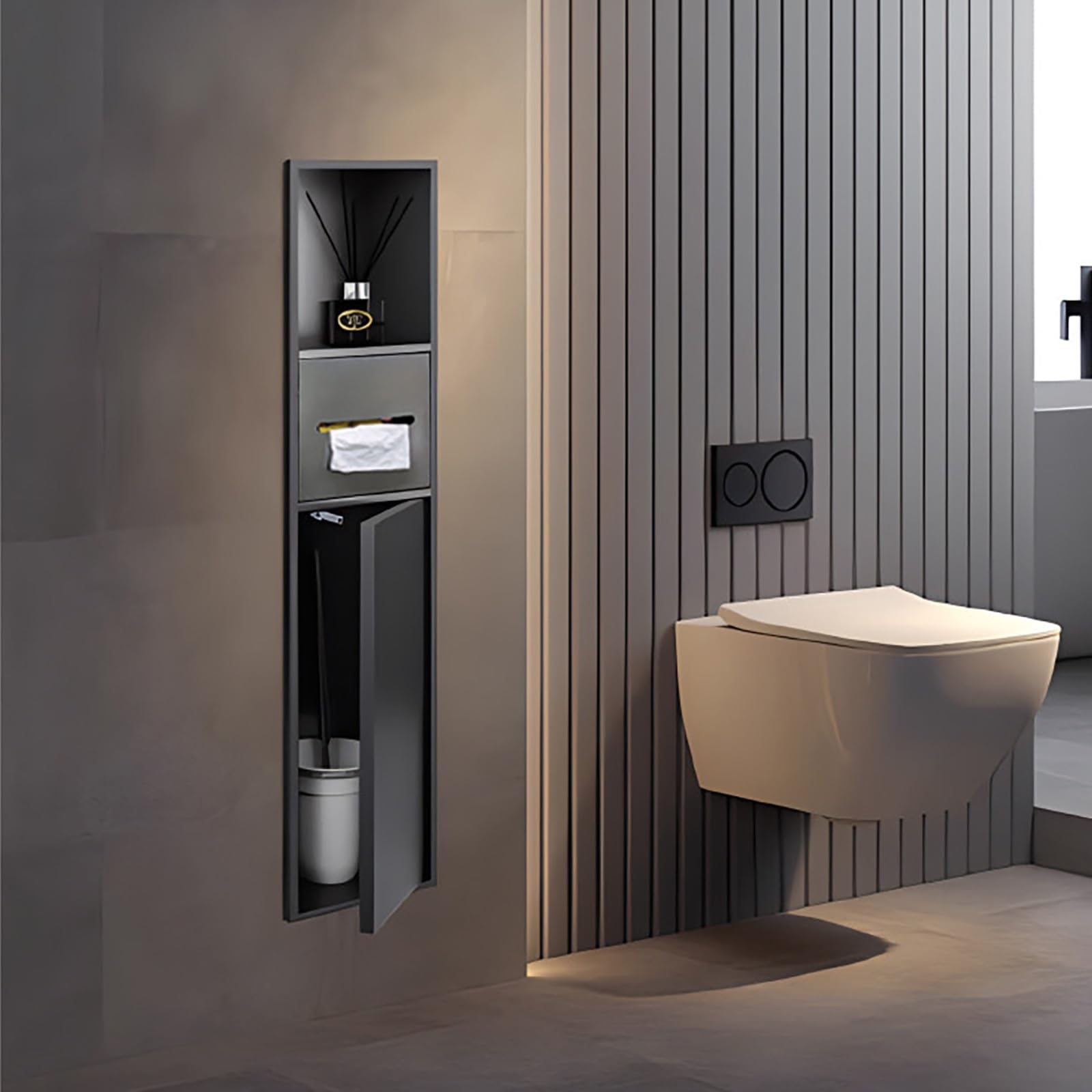 Portarrollos Papel Higiénico Empotrable con Papelera Integrada, Hornacina de Baño de Acero Inoxidable 304, Porta Rollos Pared, Ahorro de Espacio para Papel y Residuos(Nero,800x180mm)