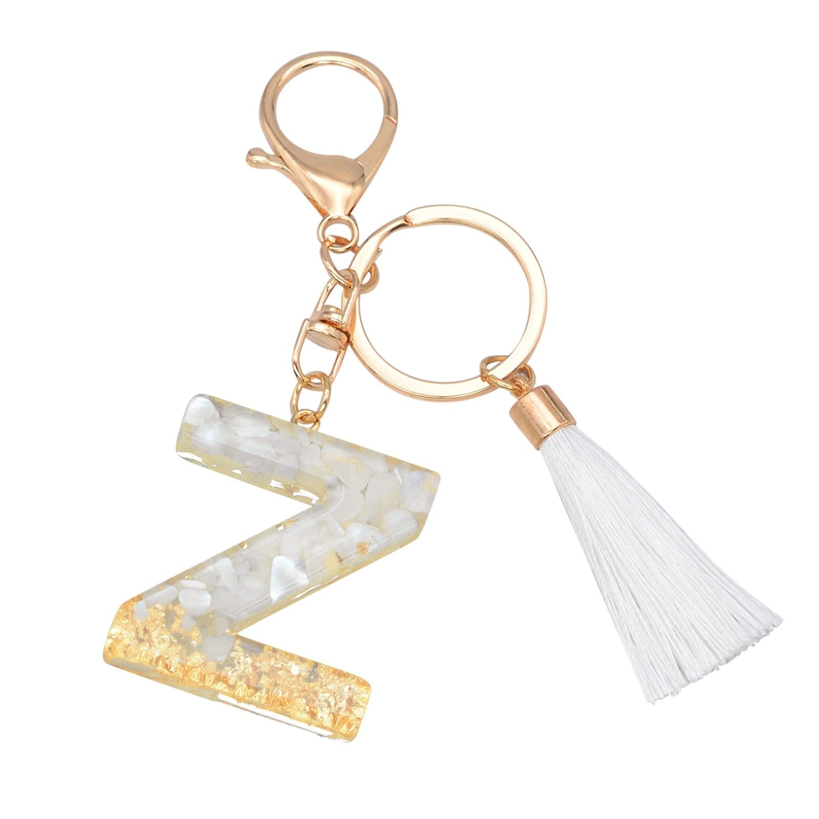 – Initial Letter Z Key Chain, Letter Key Chain Pendant Key Ring, Letter Charm Fringe Key Chain, White Fringe Resin Charm, Unisex Adults