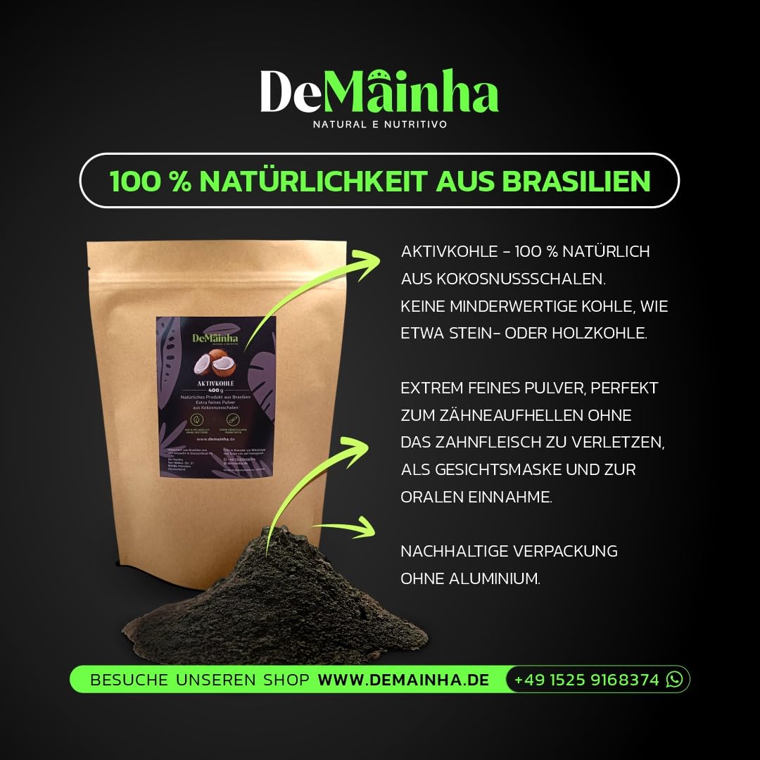 Polvo de carbón activado premium 400 g - 100% vegetal de cáscaras de coco brasileñas