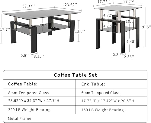 Miniatura 3 de Juego de 3 mesas de centro de cristal negro, juego de 3 piezas, mesa de centro de cristal negro y mesa auxiliar, patas de metal, vidrio templado