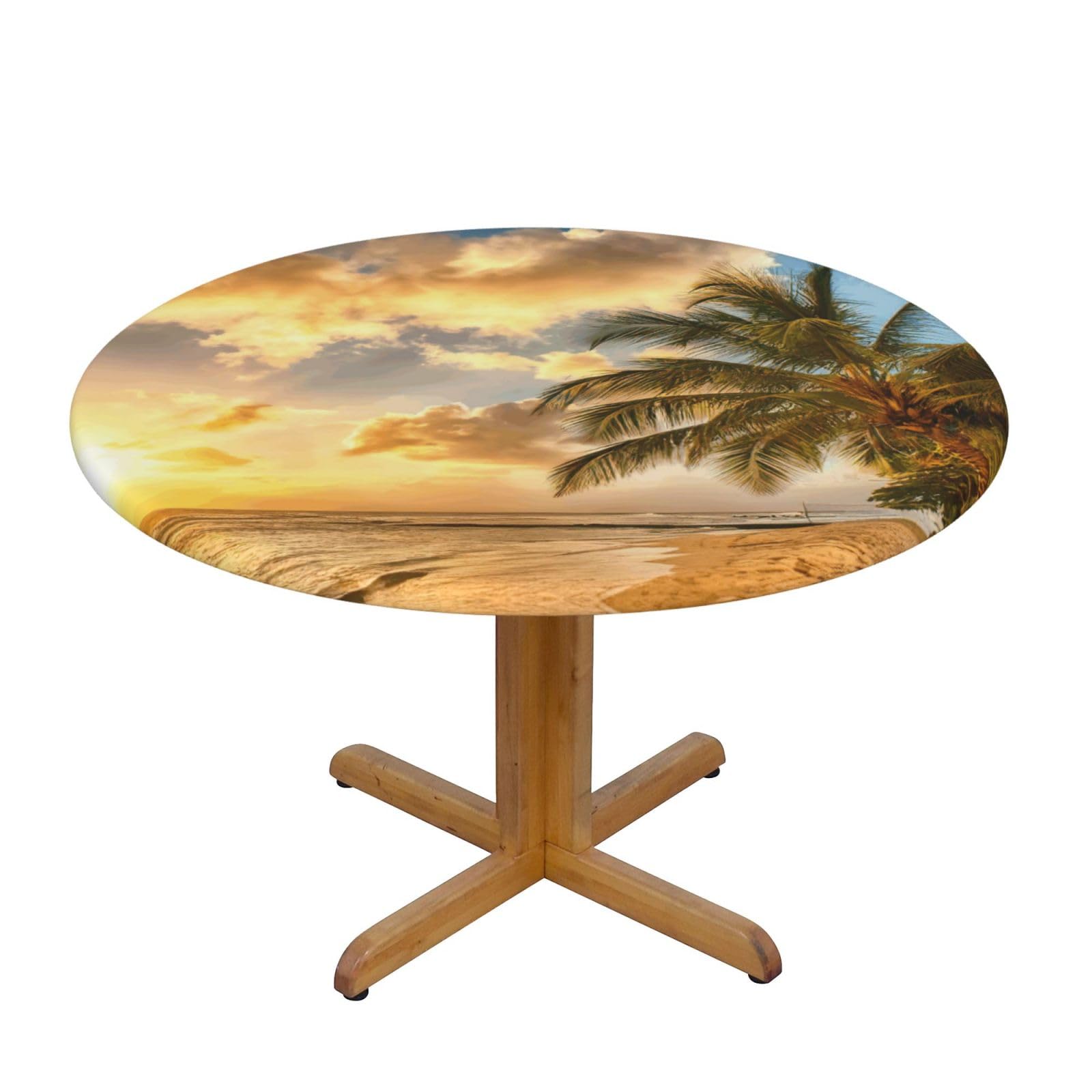 Sunset Hawaiian Palm Tree Print Round Tablecloth Waterproof Table Cover Wipe Clean Washable Table Protector For Dining Room