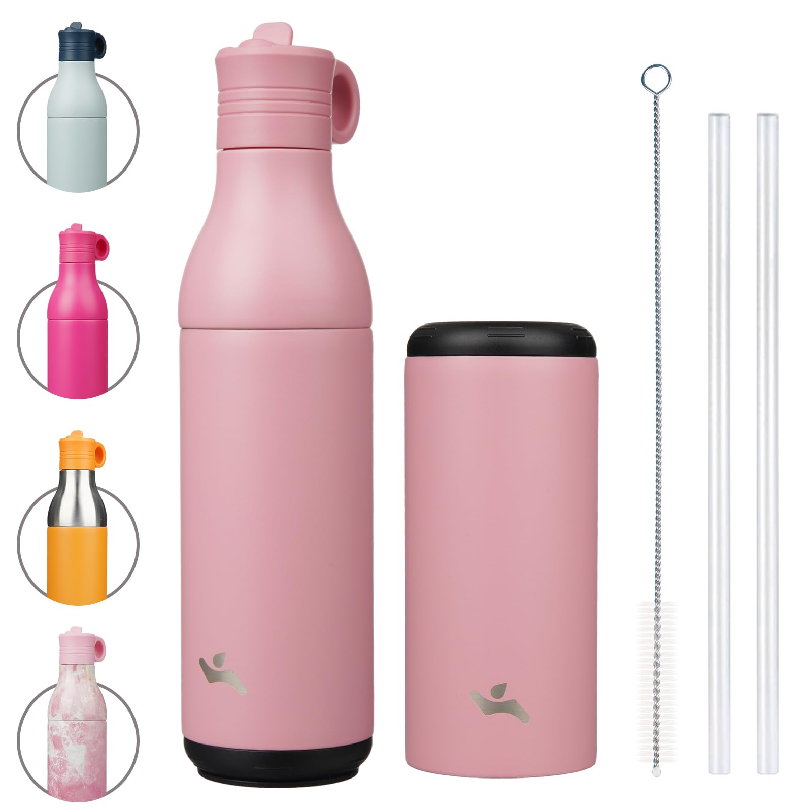 Konokyo Insulated Stainless Steel Water Bottle with Straw, 13oz, Pink | 18/8 stainless steel, BPA Free. Vacuum insulated: cold 24h, hot 12h. Leak proof. Removable cup. Dishwasher safe. Travel.