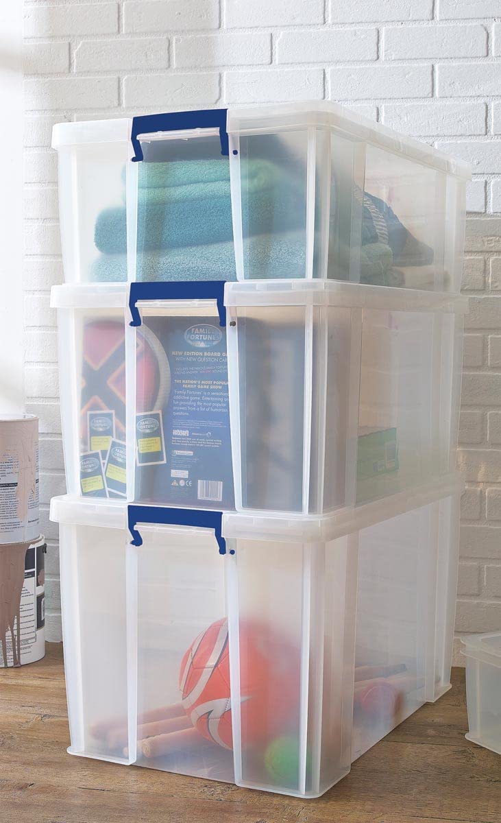 3 Bankers Box ProStore Aufbewahrungsbox aus Kunststoff mit Deckel, 36 l, superstarke stapelbare Kunststoff-Aufbewahrungsboxen (31,5 x 47,5 x 38 cm), transparent